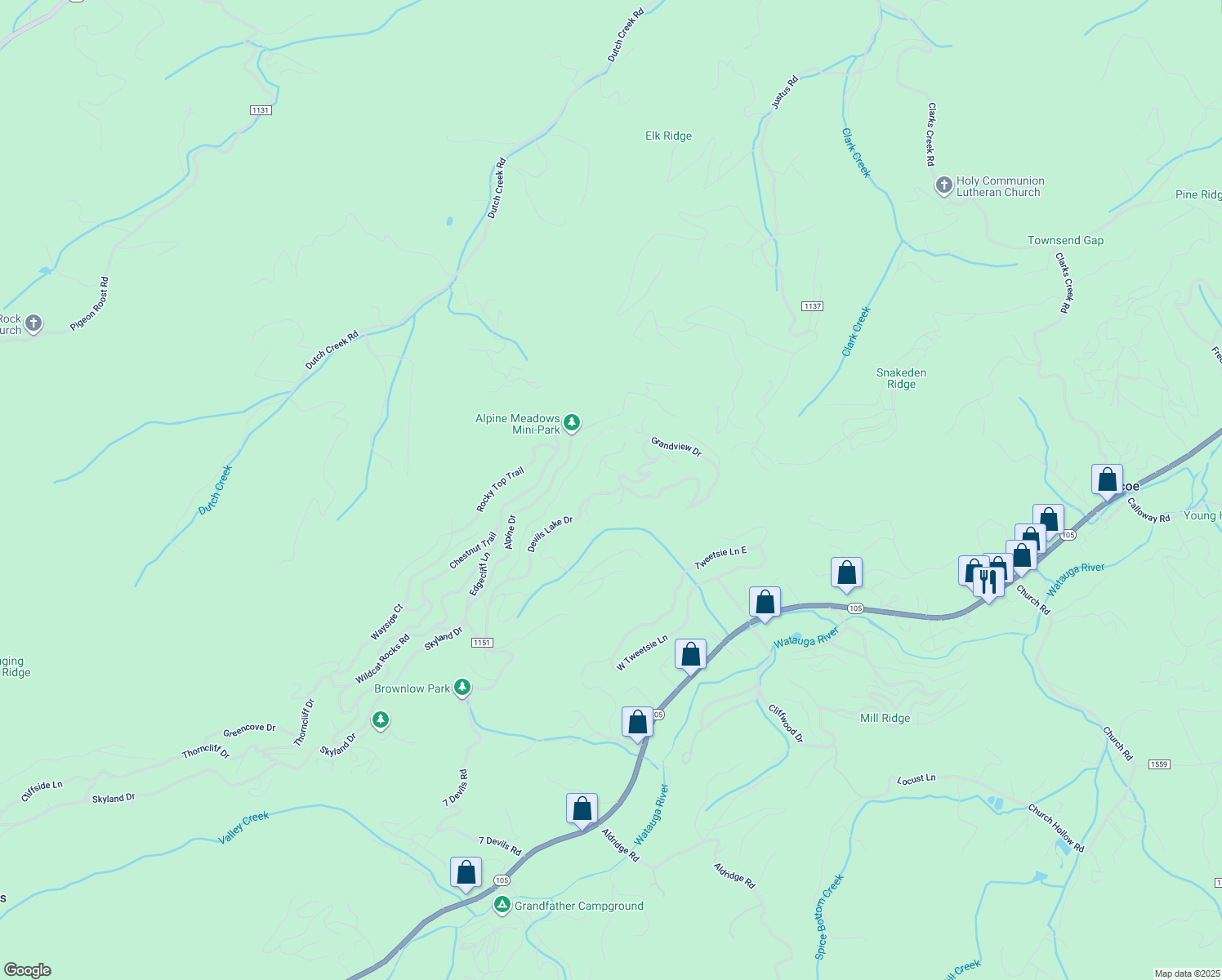 map of restaurants, bars, coffee shops, grocery stores, and more near 813 Devils Lake Drive in Seven Devils