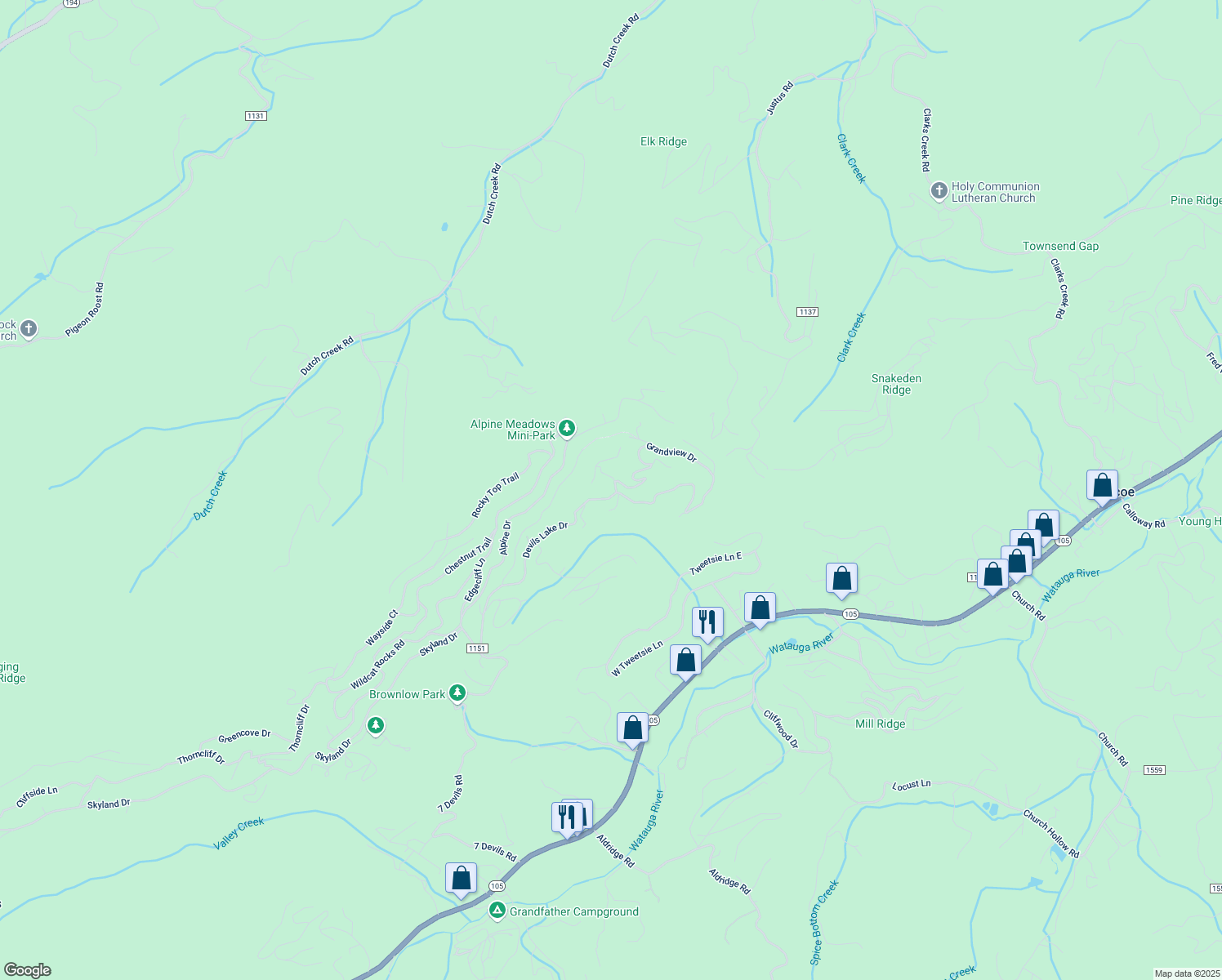 map of restaurants, bars, coffee shops, grocery stores, and more near 813 Devils Lake Drive in Seven Devils