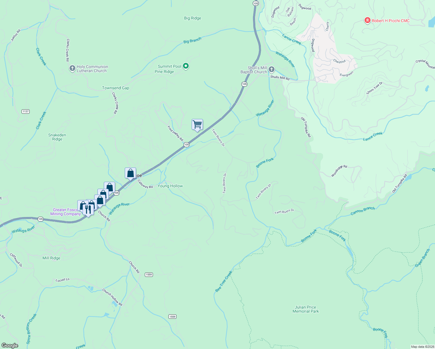 map of restaurants, bars, coffee shops, grocery stores, and more near Wasatch Drive in Boone