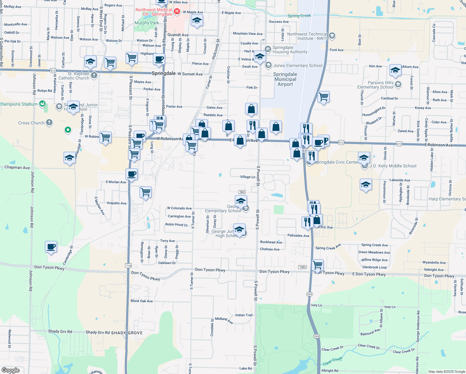 map of restaurants, bars, coffee shops, grocery stores, and more near 311 Bigi Ave in Springdale
