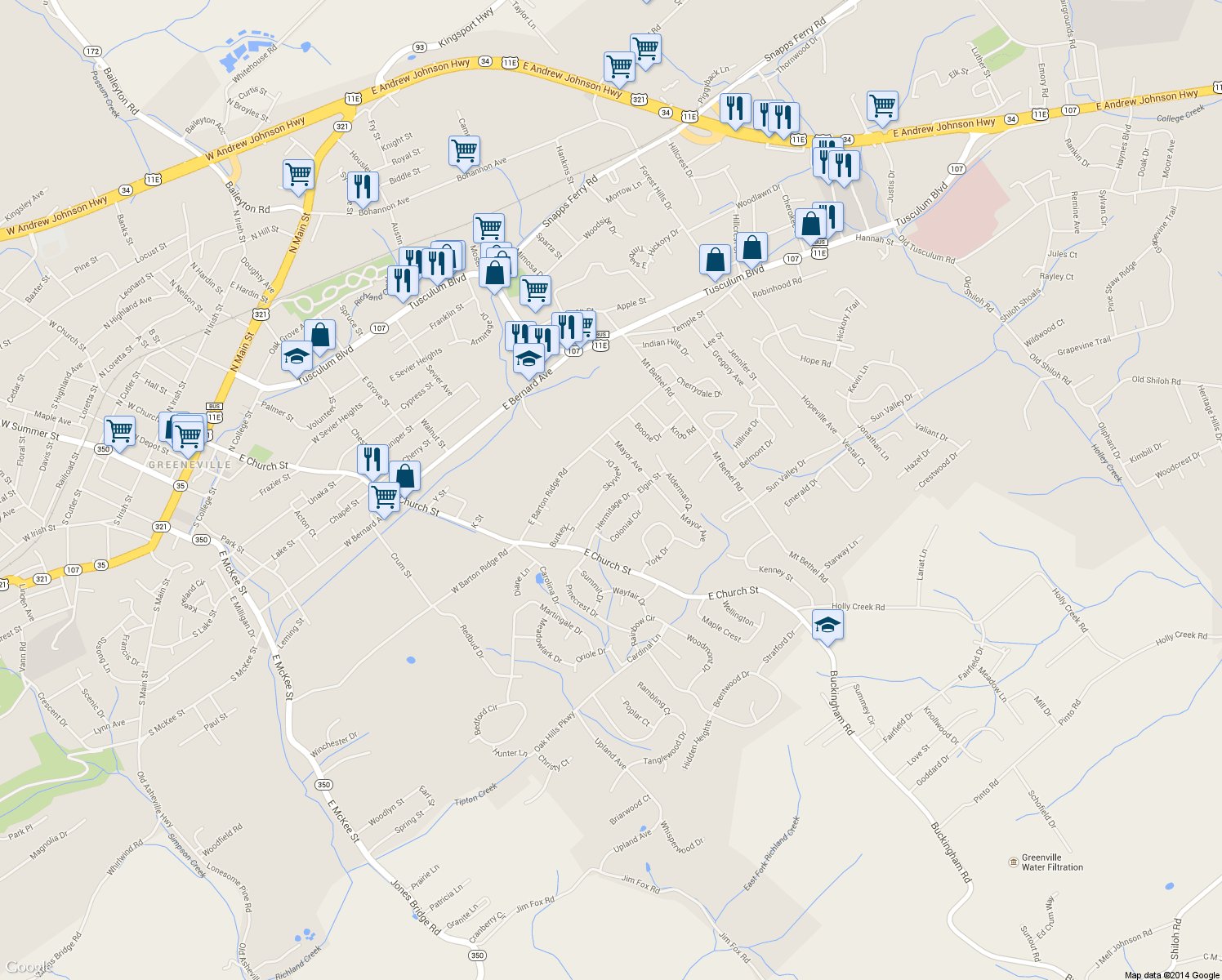 map of restaurants, bars, coffee shops, grocery stores, and more near 126 Skyview Dr in Greeneville