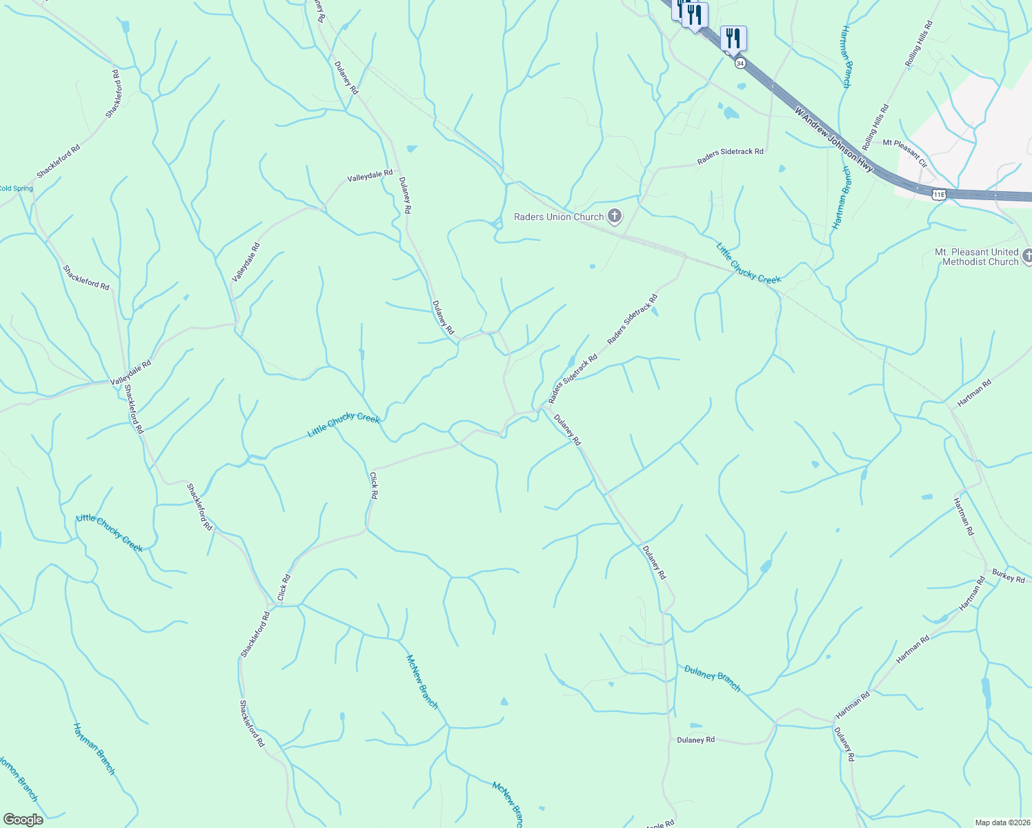 map of restaurants, bars, coffee shops, grocery stores, and more near 2272 Dulaney Road in Mosheim