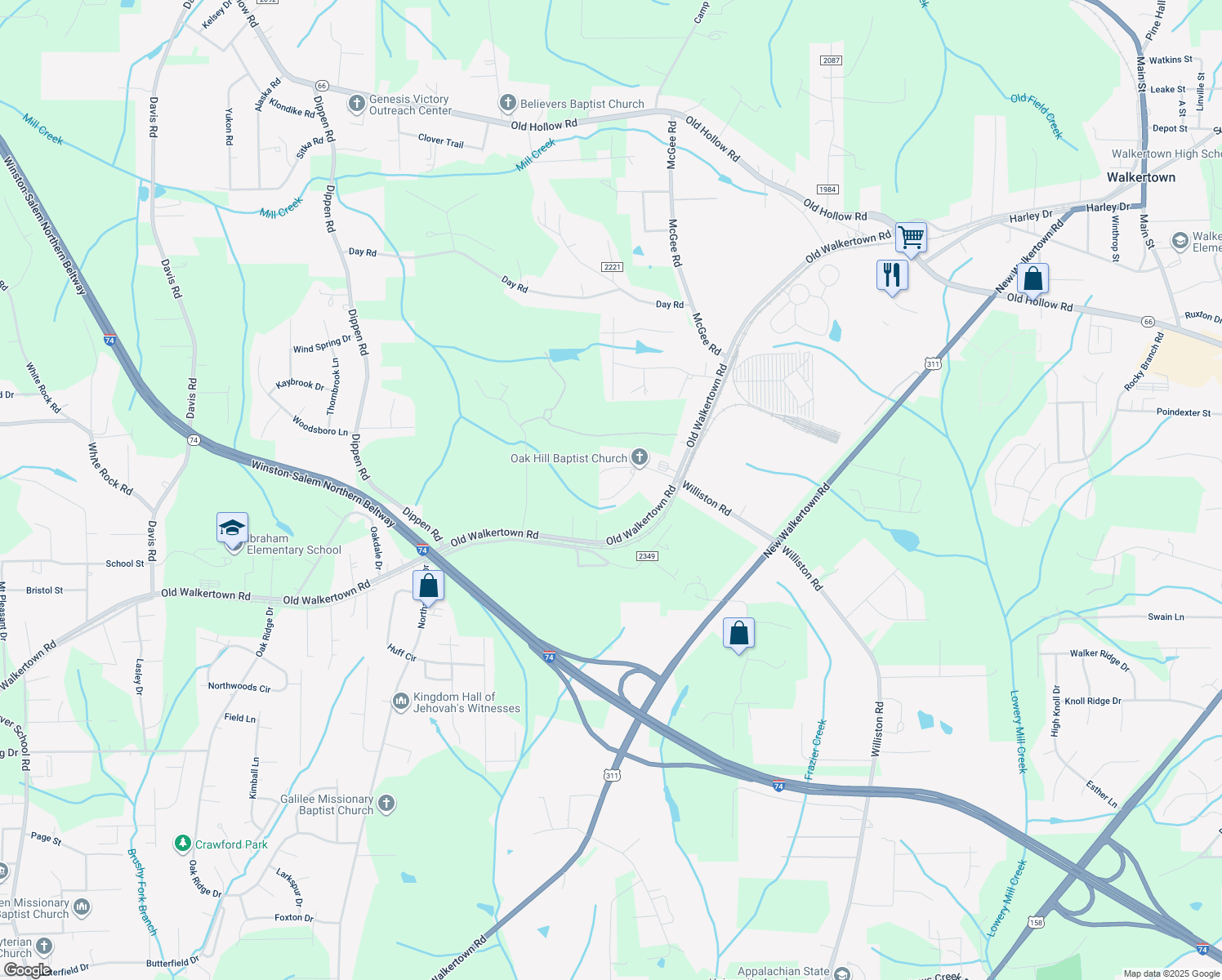 map of restaurants, bars, coffee shops, grocery stores, and more near 5425 Morris Hill Avenue in Walkertown