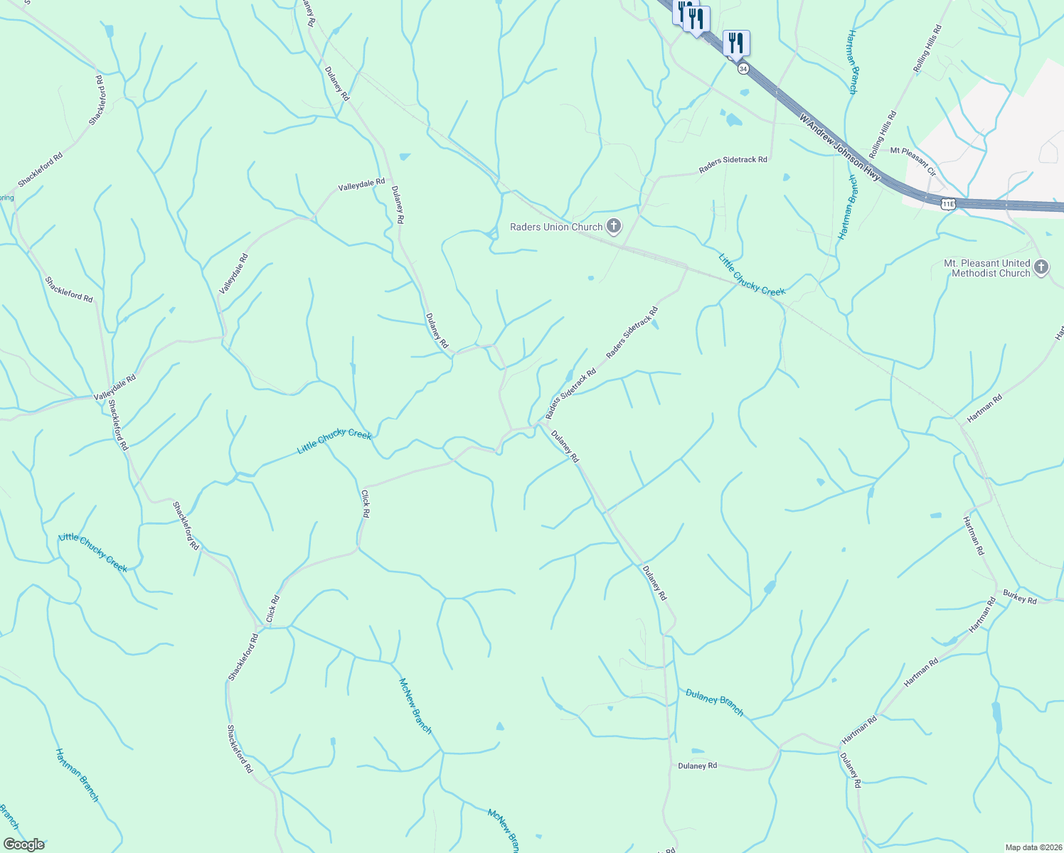 map of restaurants, bars, coffee shops, grocery stores, and more near 2272-5298 Dulaney Road in Mosheim