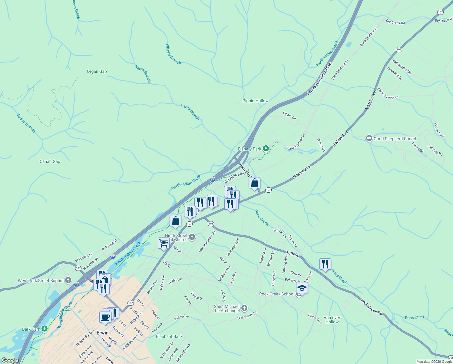 map of restaurants, bars, coffee shops, grocery stores, and more near 236 Old Fishery Road in Erwin