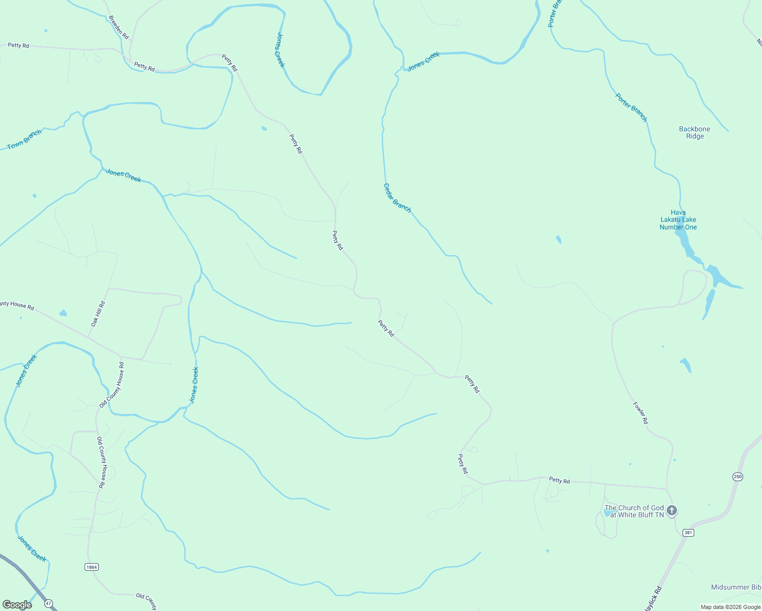 map of restaurants, bars, coffee shops, grocery stores, and more near Petty Road in White Bluff