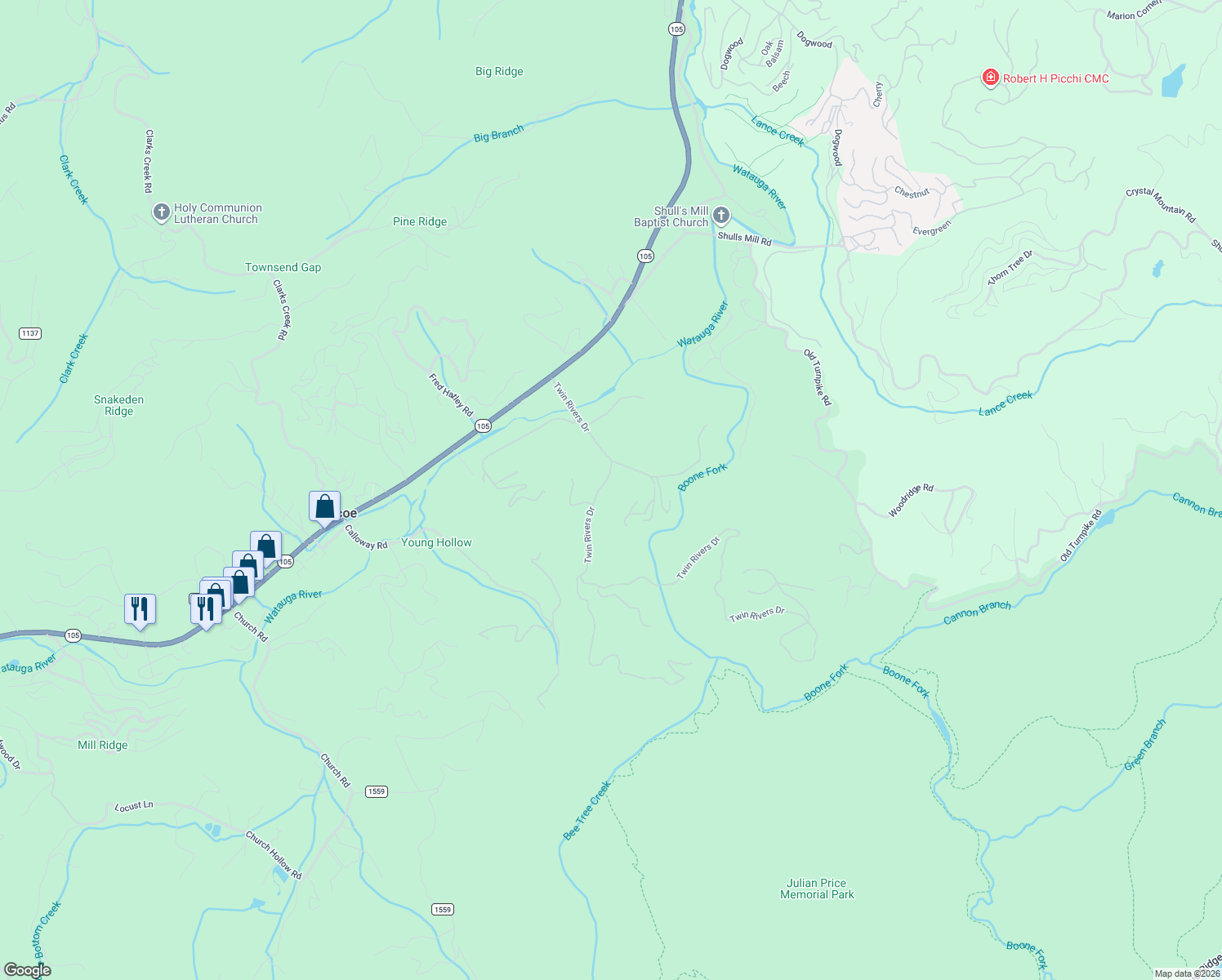 map of restaurants, bars, coffee shops, grocery stores, and more near 441 Twin Rivers Drive in Boone