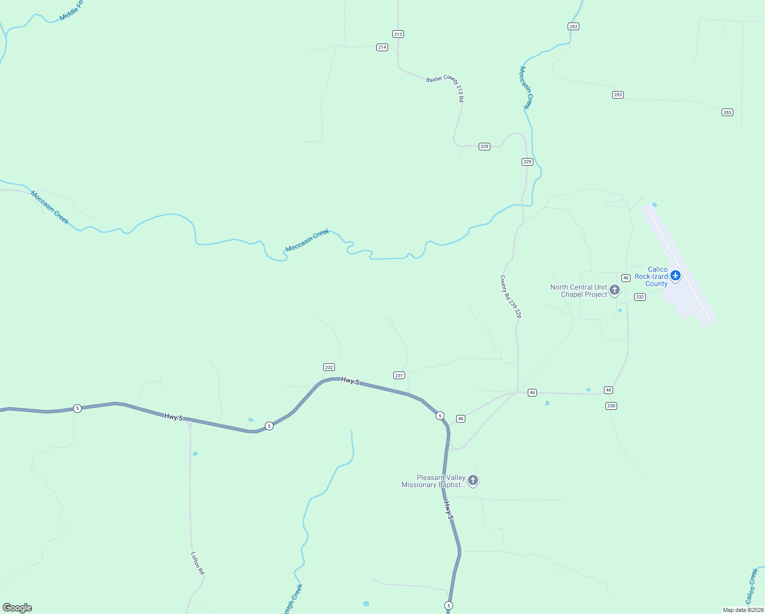 map of restaurants, bars, coffee shops, grocery stores, and more near County Road 231 in Calico Rock