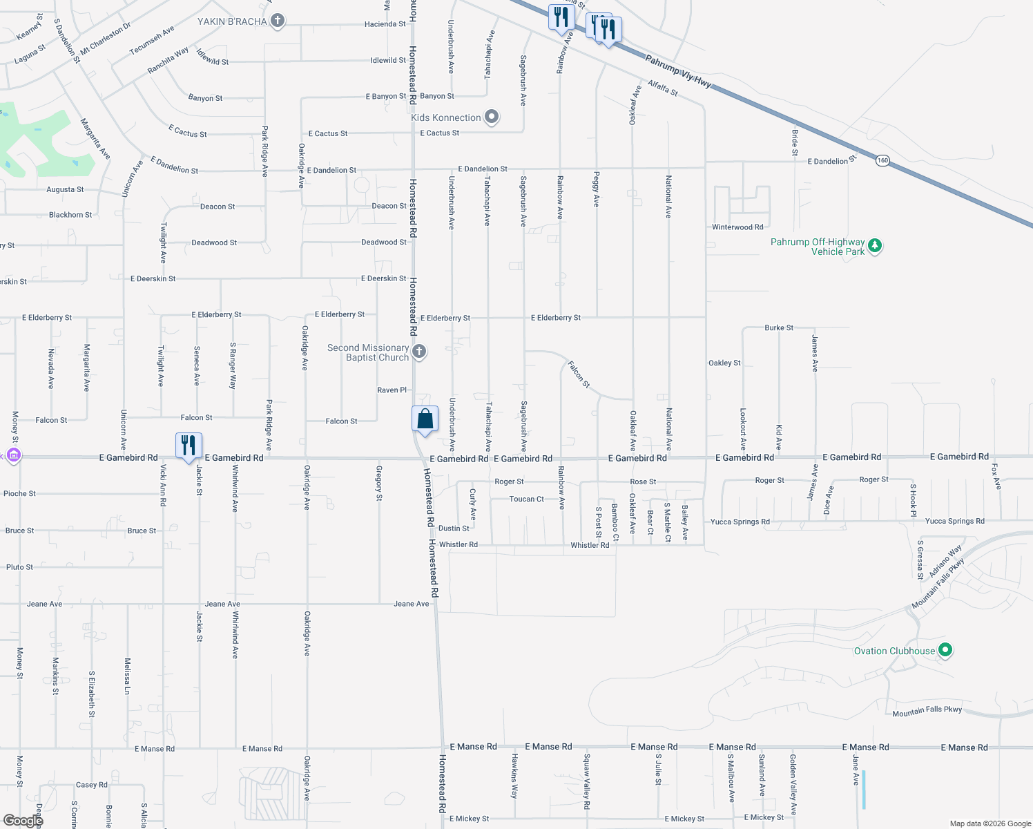map of restaurants, bars, coffee shops, grocery stores, and more near 3860 Sagebrush Avenue in Pahrump