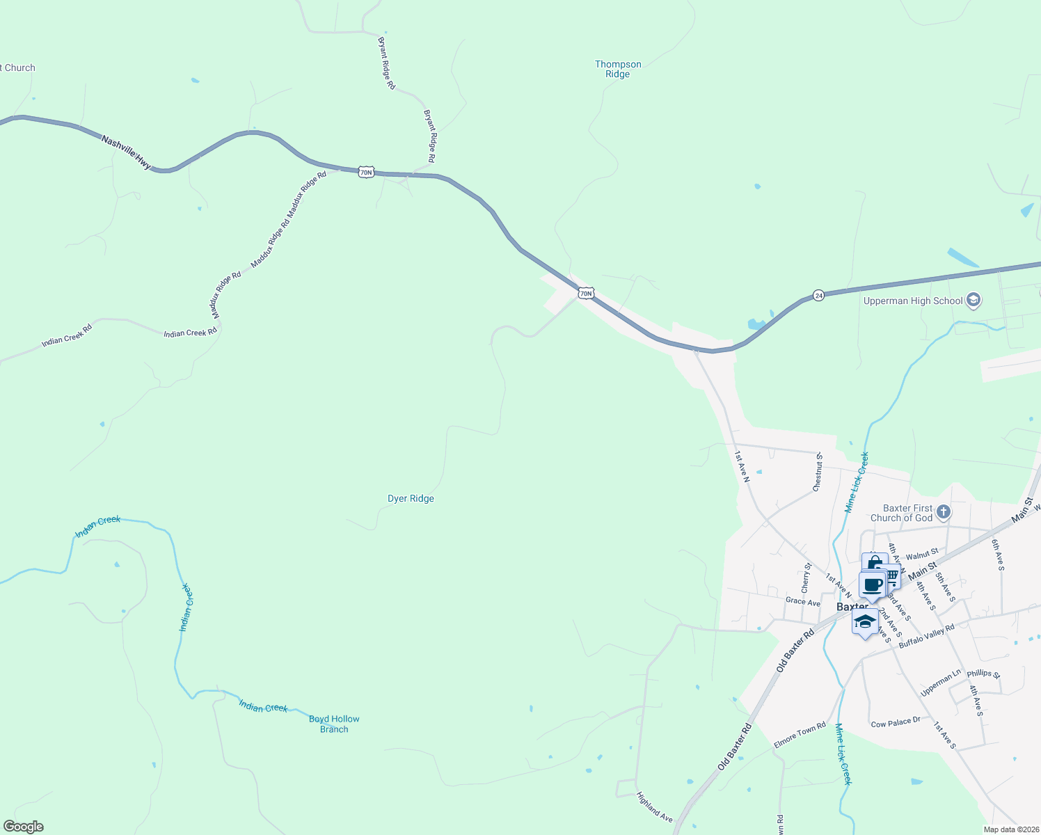 map of restaurants, bars, coffee shops, grocery stores, and more near in Baxter