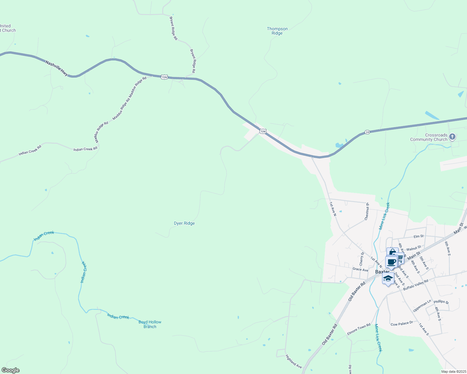 map of restaurants, bars, coffee shops, grocery stores, and more near in Baxter