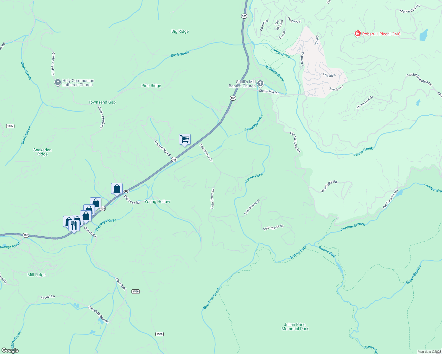 map of restaurants, bars, coffee shops, grocery stores, and more near 441 Twin Rivers Drive in Boone