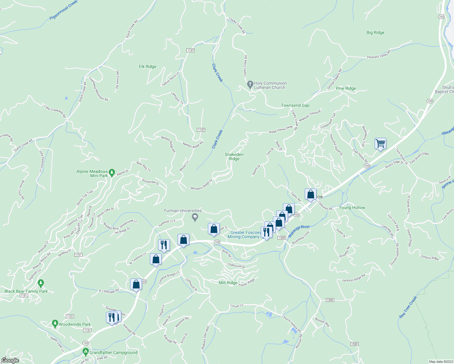 map of restaurants, bars, coffee shops, grocery stores, and more near 221 Whispering Woods Lane in Banner Elk