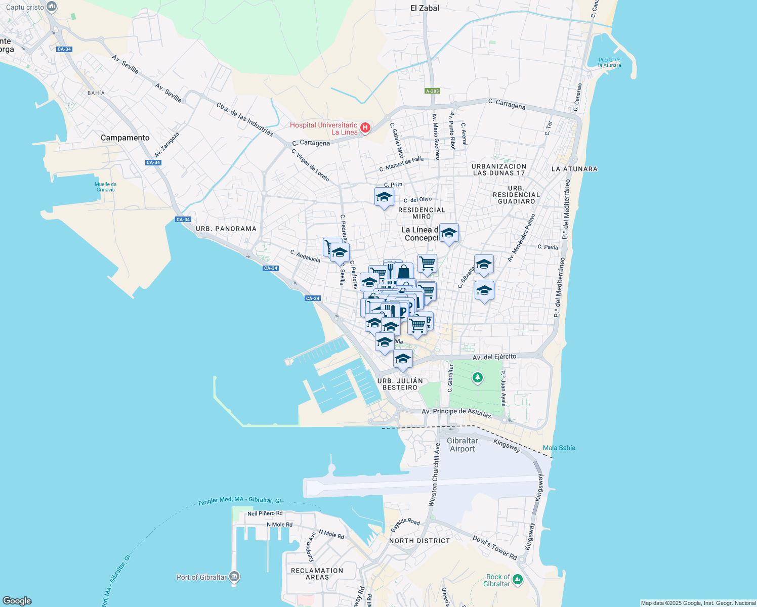 map of restaurants, bars, coffee shops, grocery stores, and more near 31 Calle Moreno de Mora in La Línea de la Concepción