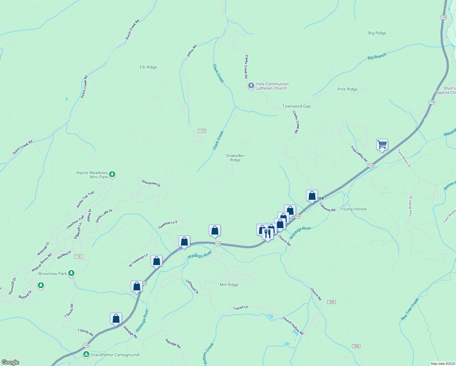 map of restaurants, bars, coffee shops, grocery stores, and more near 221 Whispering Woods Lane in Banner Elk