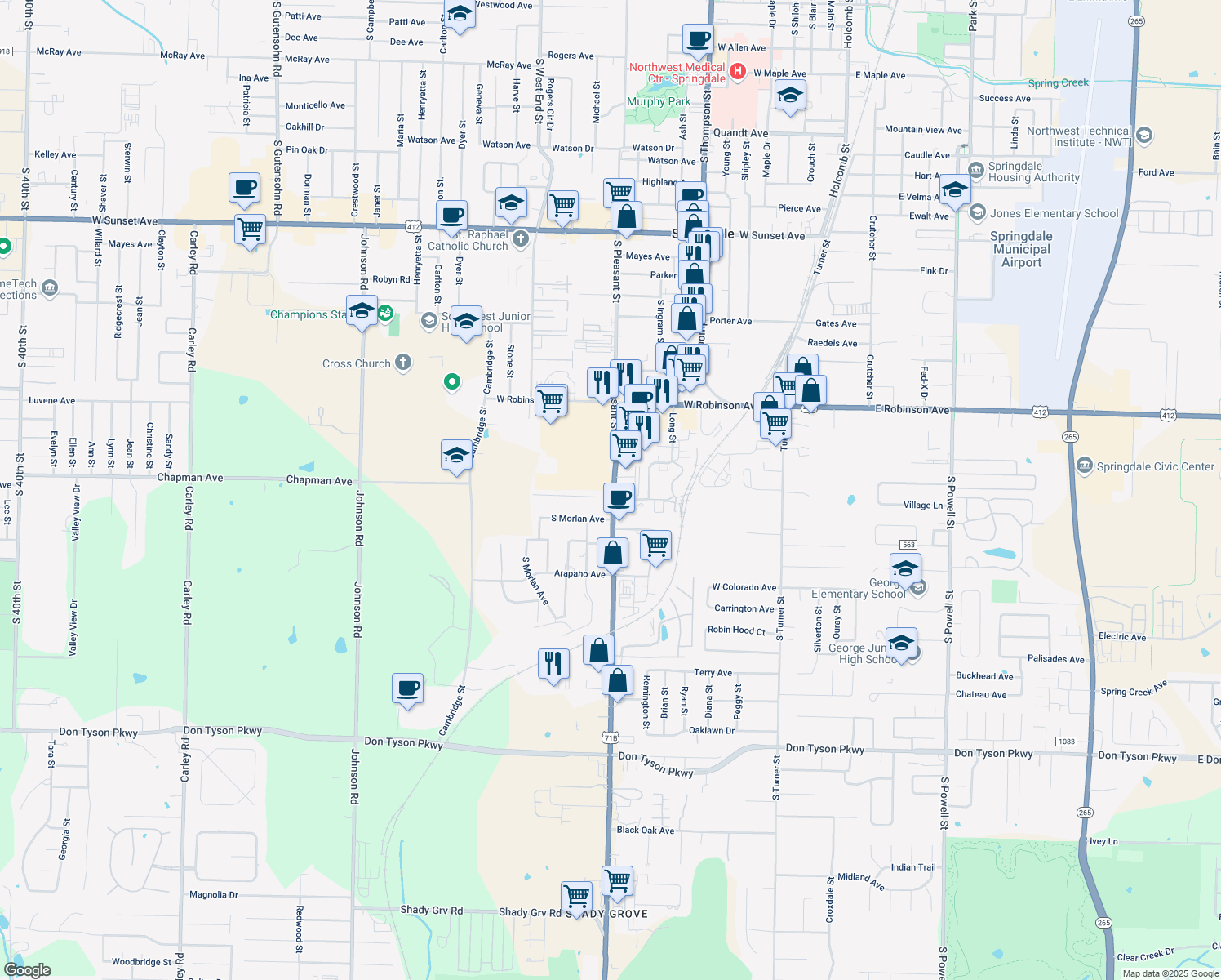 map of restaurants, bars, coffee shops, grocery stores, and more near 1302 Hembree Avenue in Springdale
