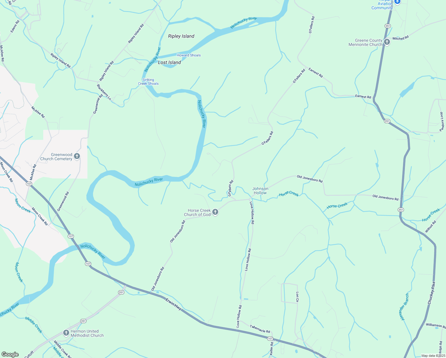 map of restaurants, bars, coffee shops, grocery stores, and more near 345 G'Fellers Road in Chuckey