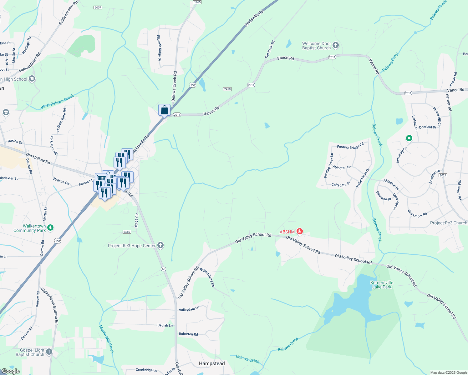 map of restaurants, bars, coffee shops, grocery stores, and more near 2591 King William Drive in Kernersville