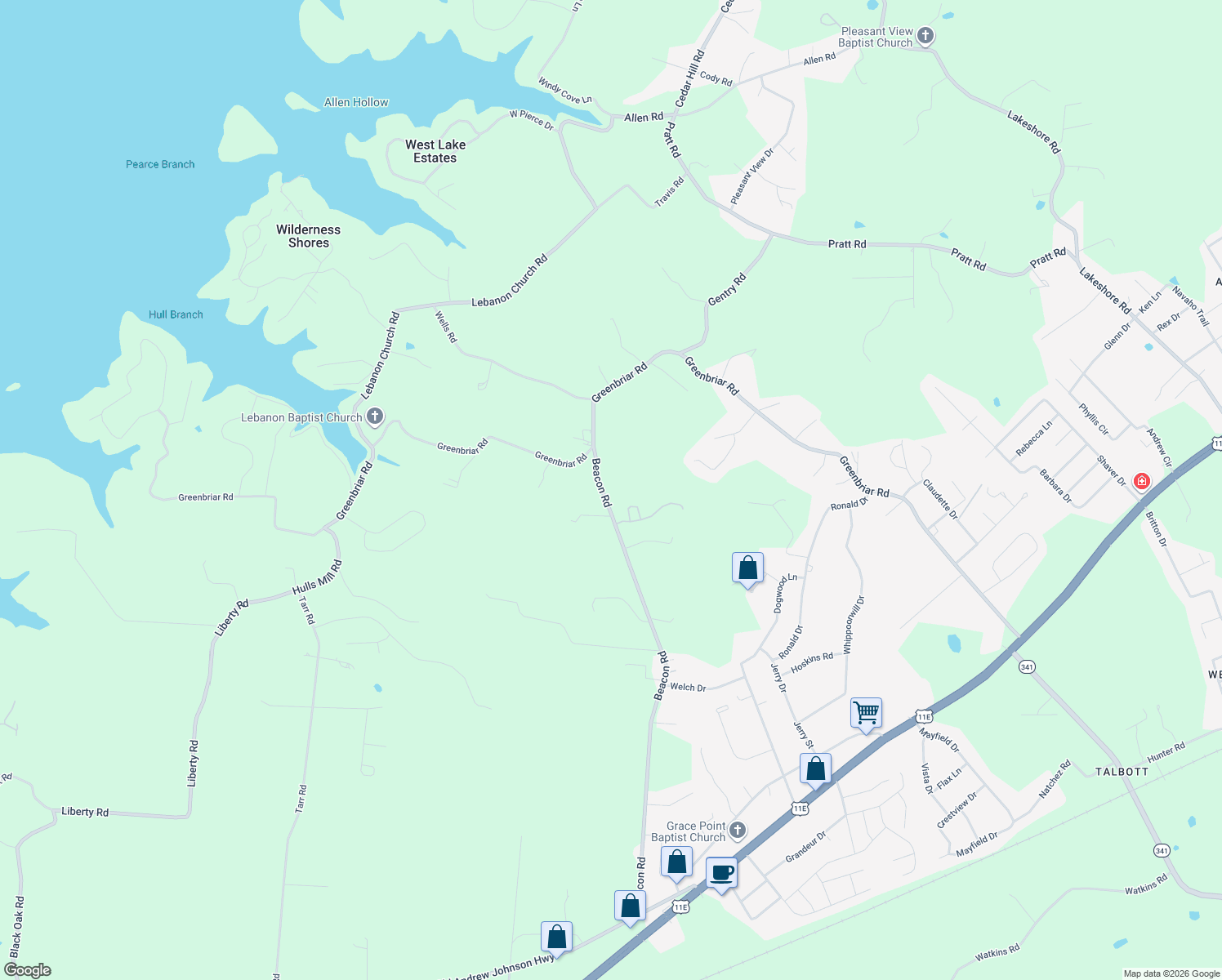 map of restaurants, bars, coffee shops, grocery stores, and more near 1437 Beacon Road in Hamblen County