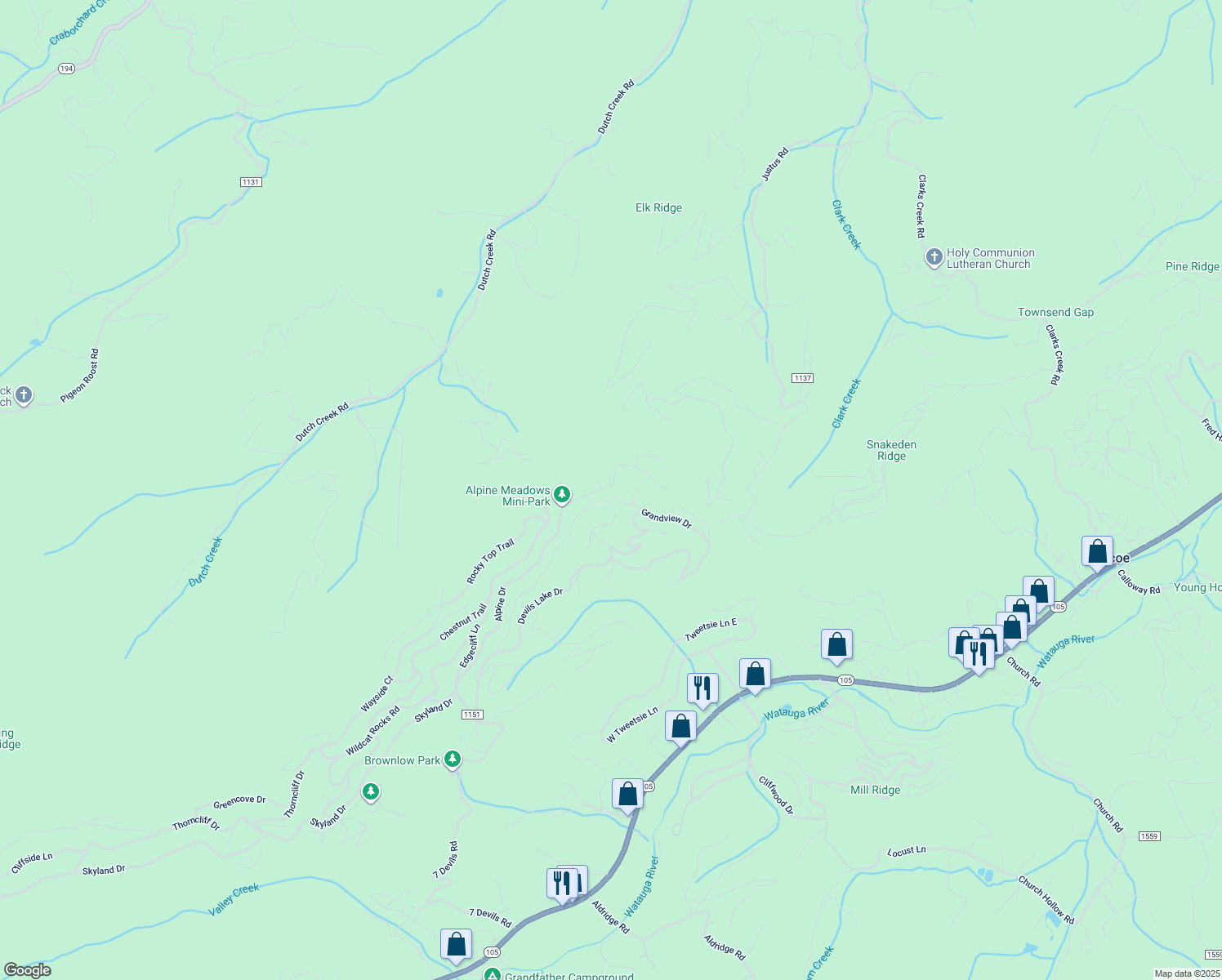 map of restaurants, bars, coffee shops, grocery stores, and more near 942 Alpine Drive in Blowing Rock