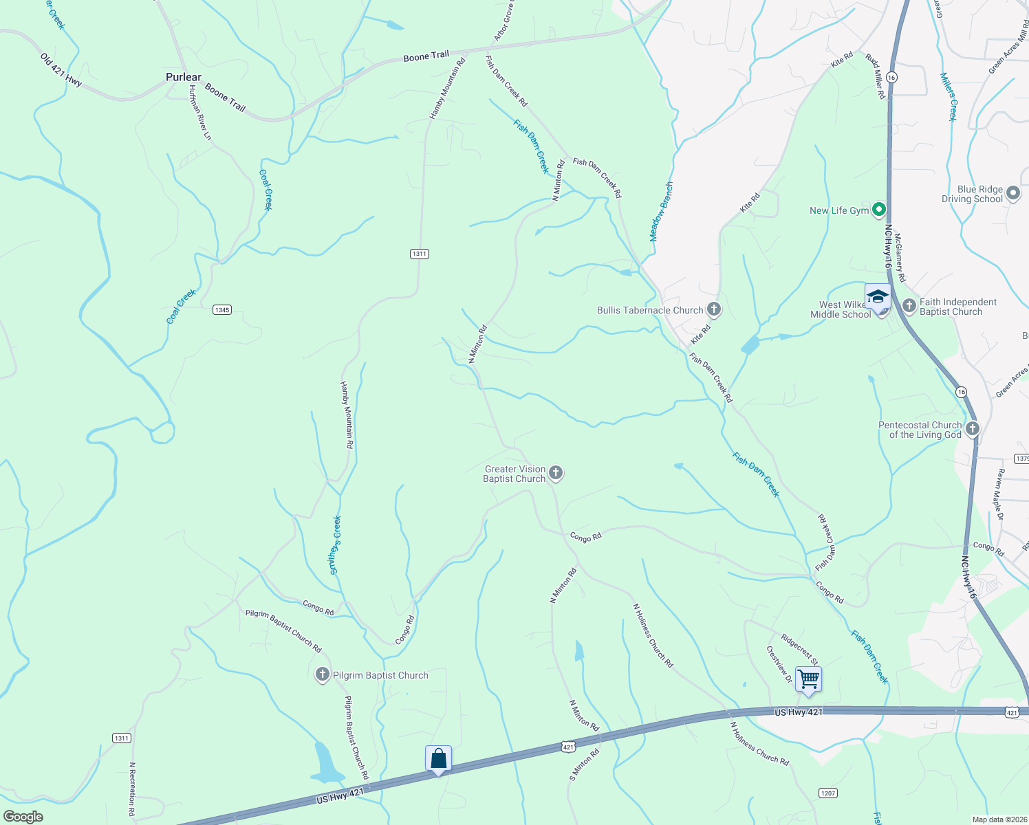 map of restaurants, bars, coffee shops, grocery stores, and more near 1542 North Minton Road in Millers Creek