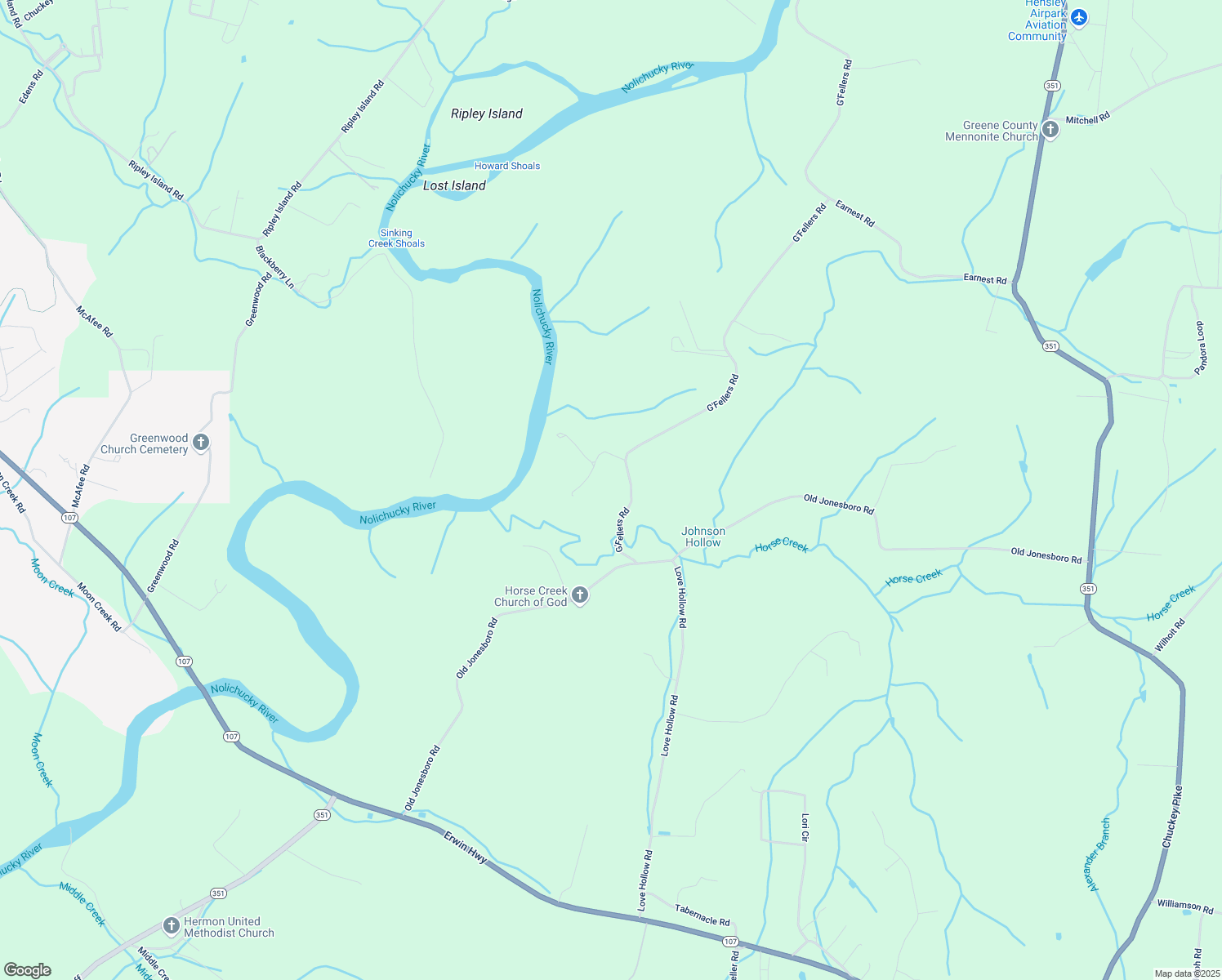 map of restaurants, bars, coffee shops, grocery stores, and more near 345 G'Fellers Road in Chuckey