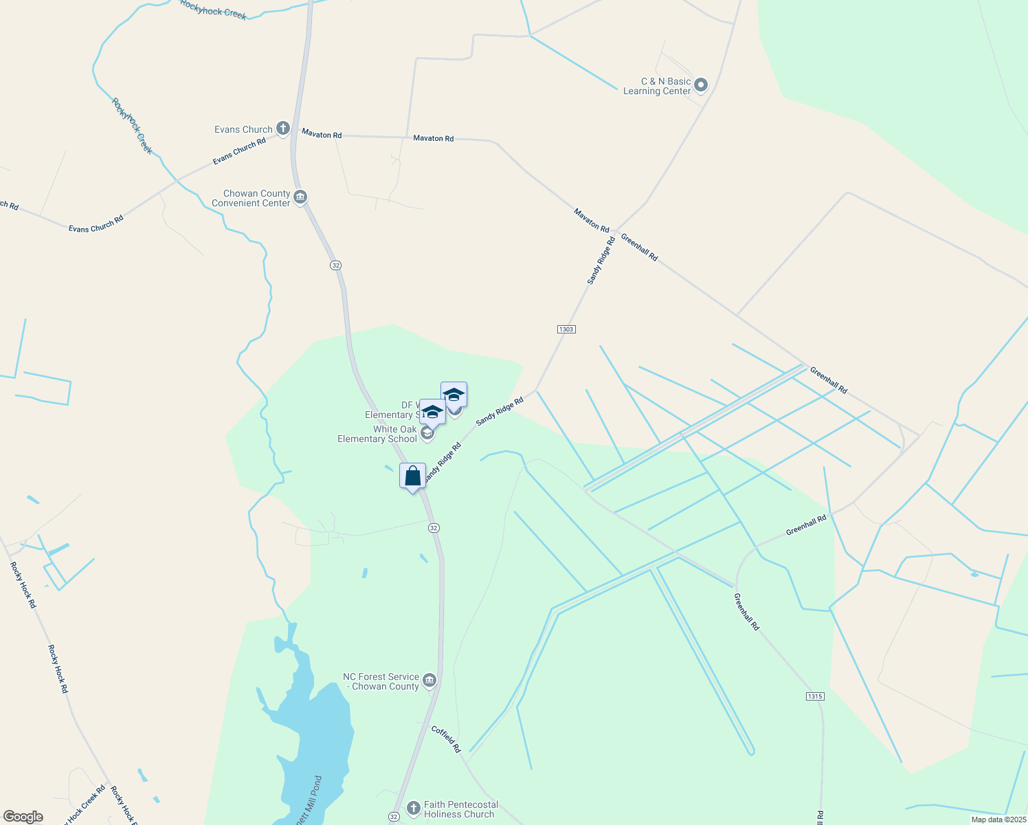 map of restaurants, bars, coffee shops, grocery stores, and more near 148 Sandy Ridge Rd in Edenton