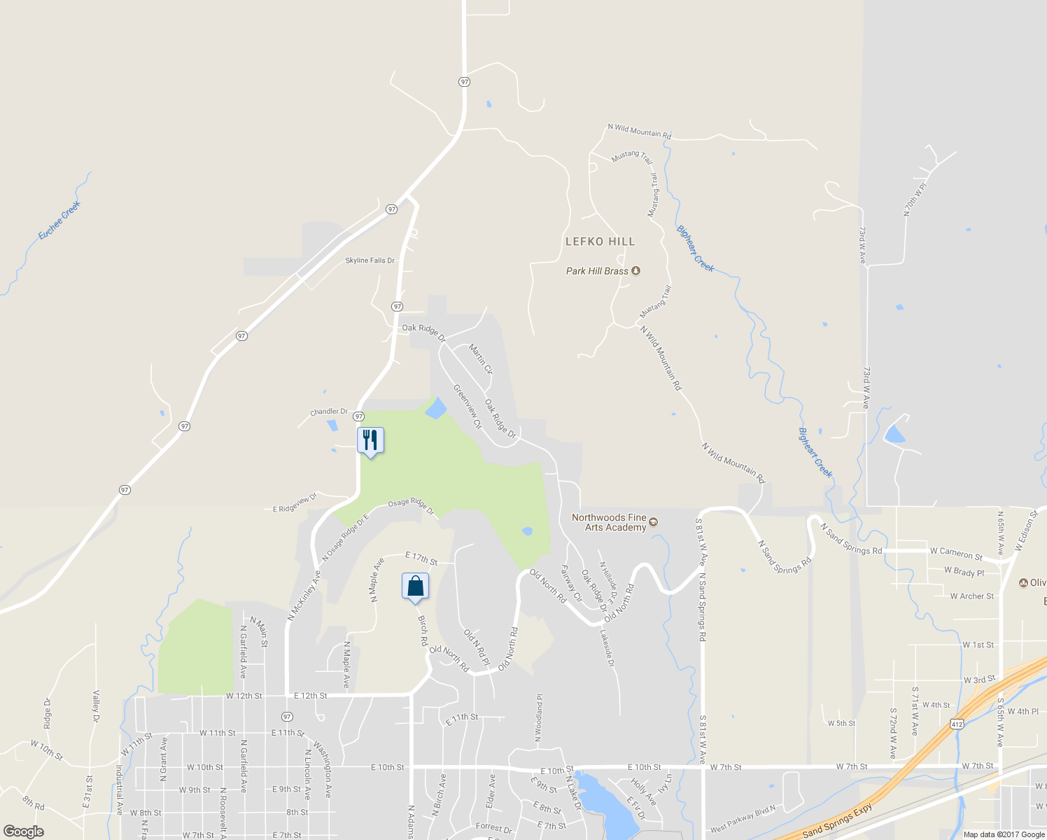 map of restaurants, bars, coffee shops, grocery stores, and more near 625 Arrowhead Stree in Sand Springs