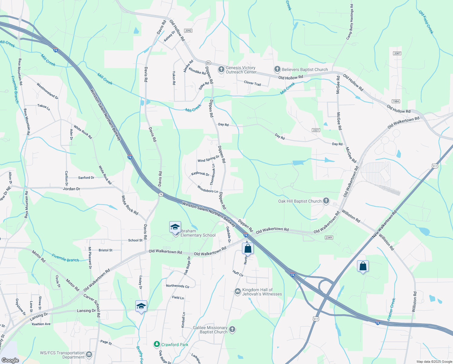 map of restaurants, bars, coffee shops, grocery stores, and more near 4847 Dippen Road in Winston-Salem