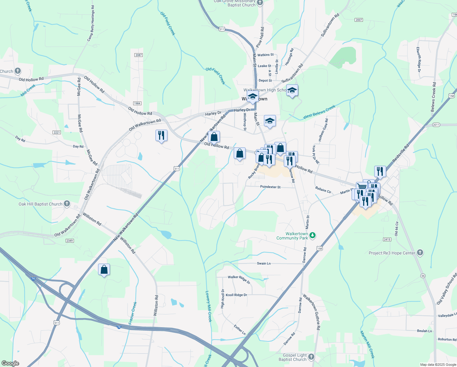 map of restaurants, bars, coffee shops, grocery stores, and more near 3830 Kilberry Court in Walkertown