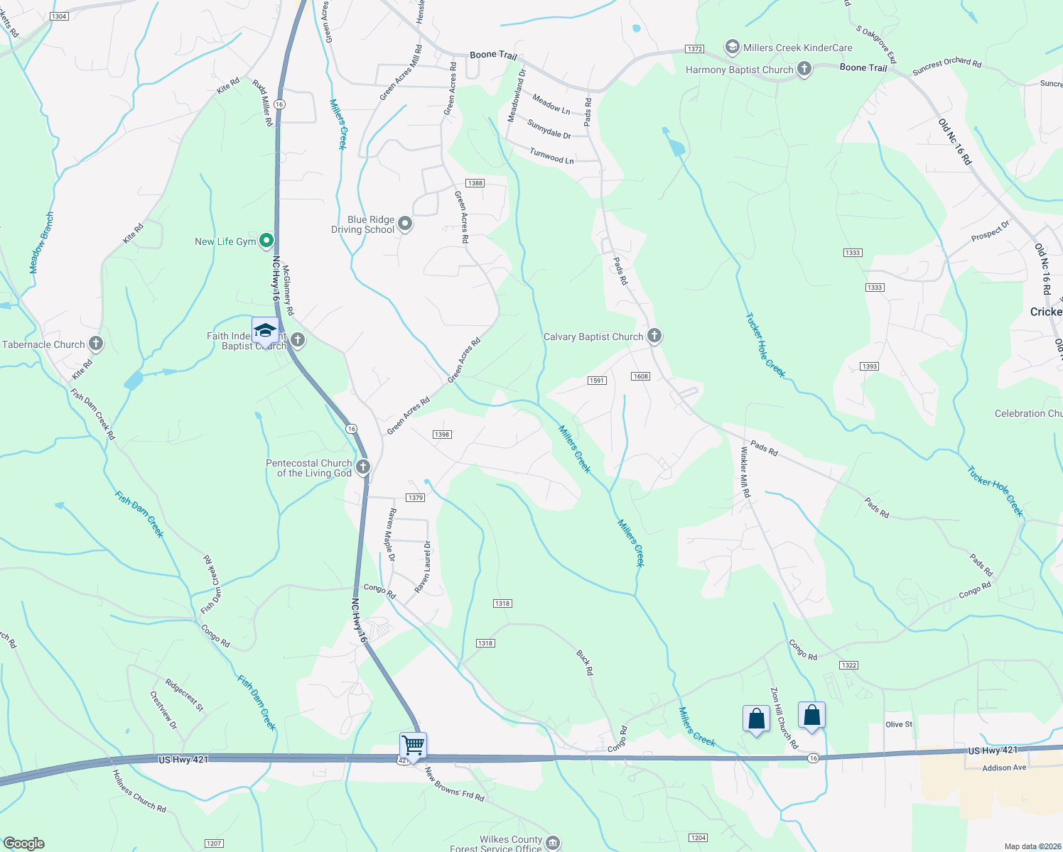 map of restaurants, bars, coffee shops, grocery stores, and more near 552 Midlawn Drive in Wilkesboro