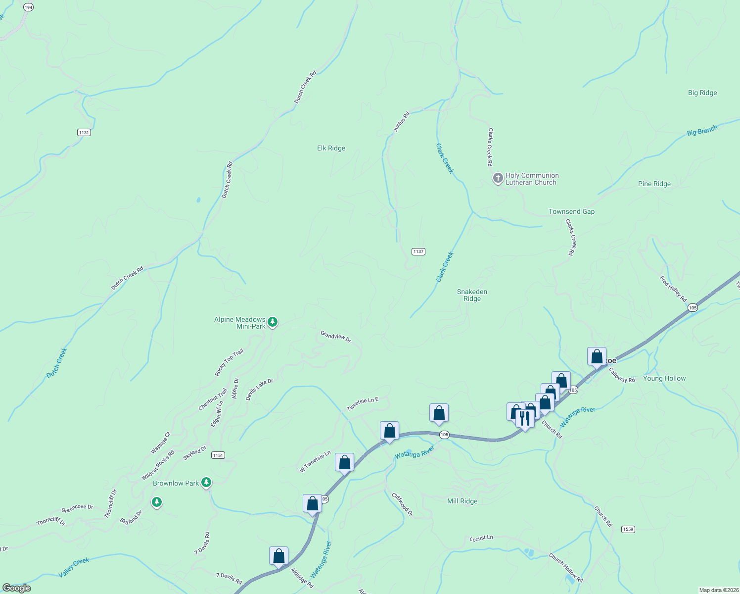 map of restaurants, bars, coffee shops, grocery stores, and more near 1237 Nettle's Ridge Rd in Banner Elk