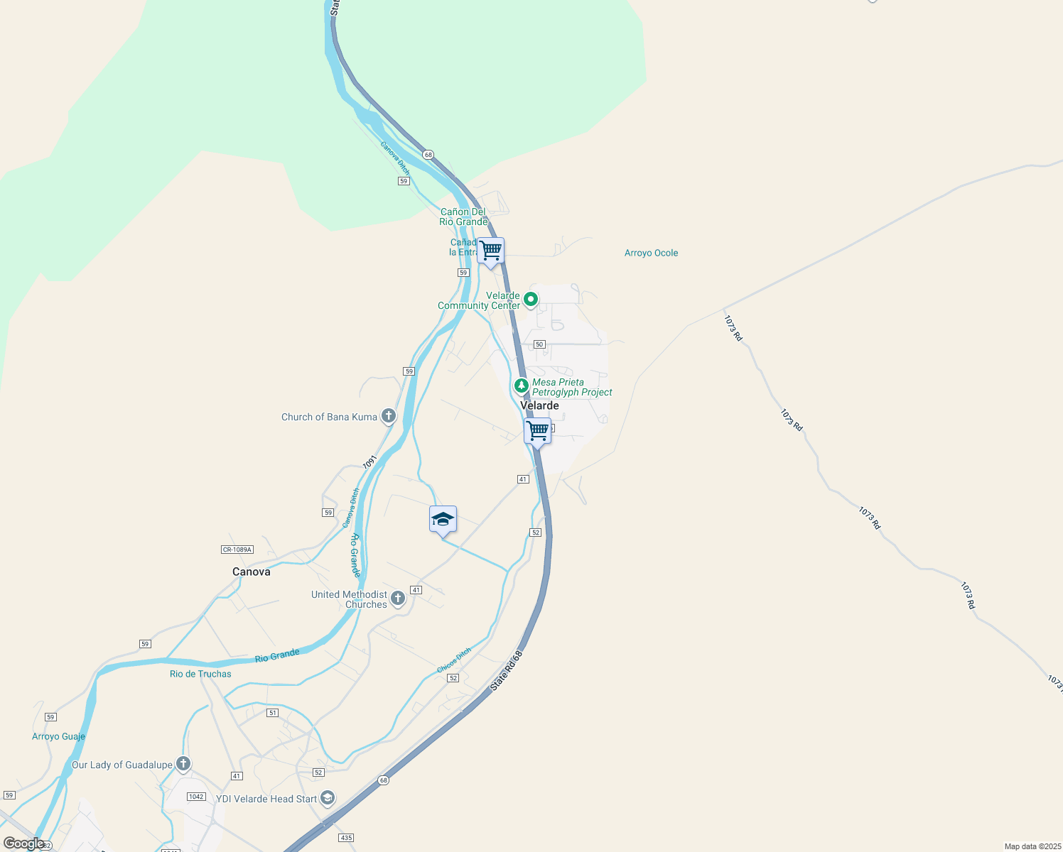 map of restaurants, bars, coffee shops, grocery stores, and more near 1037 Road 1421 in Velarde