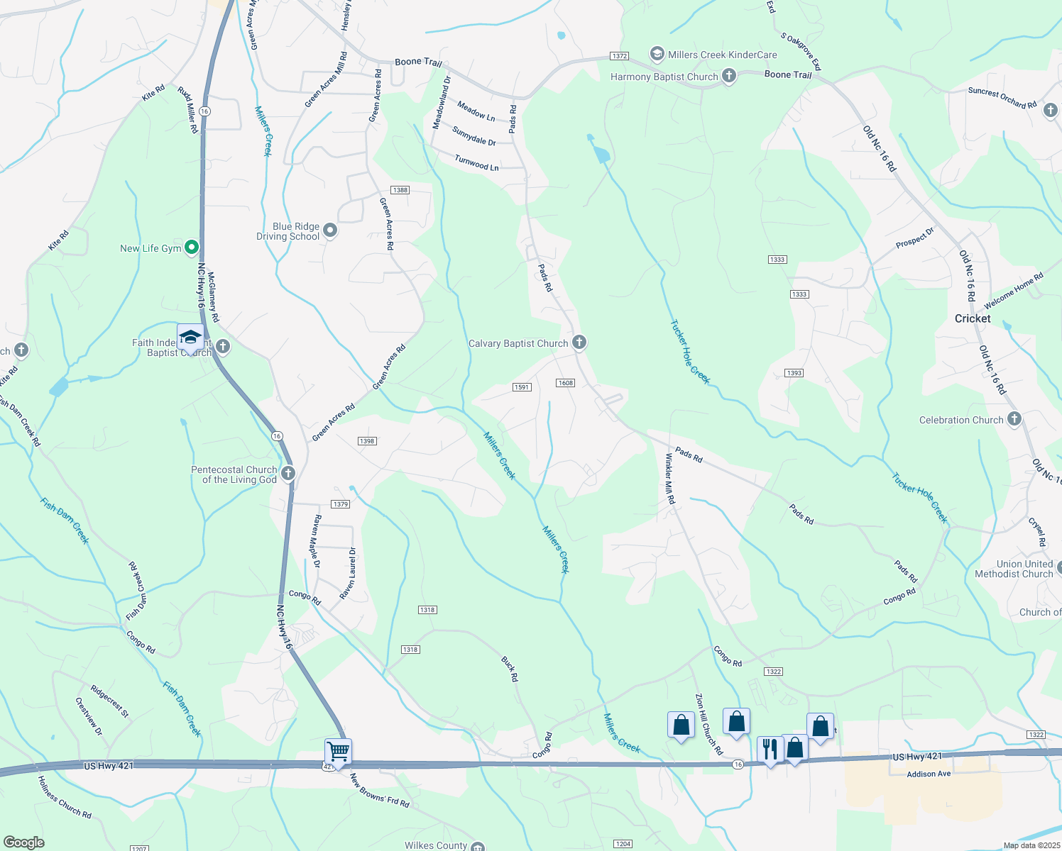 map of restaurants, bars, coffee shops, grocery stores, and more near 274 Dixie Hill Road in North Wilkesboro
