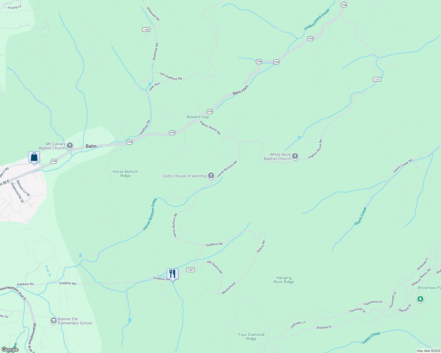 map of restaurants, bars, coffee shops, grocery stores, and more near 335 Horse Bottom Road in Banner Elk