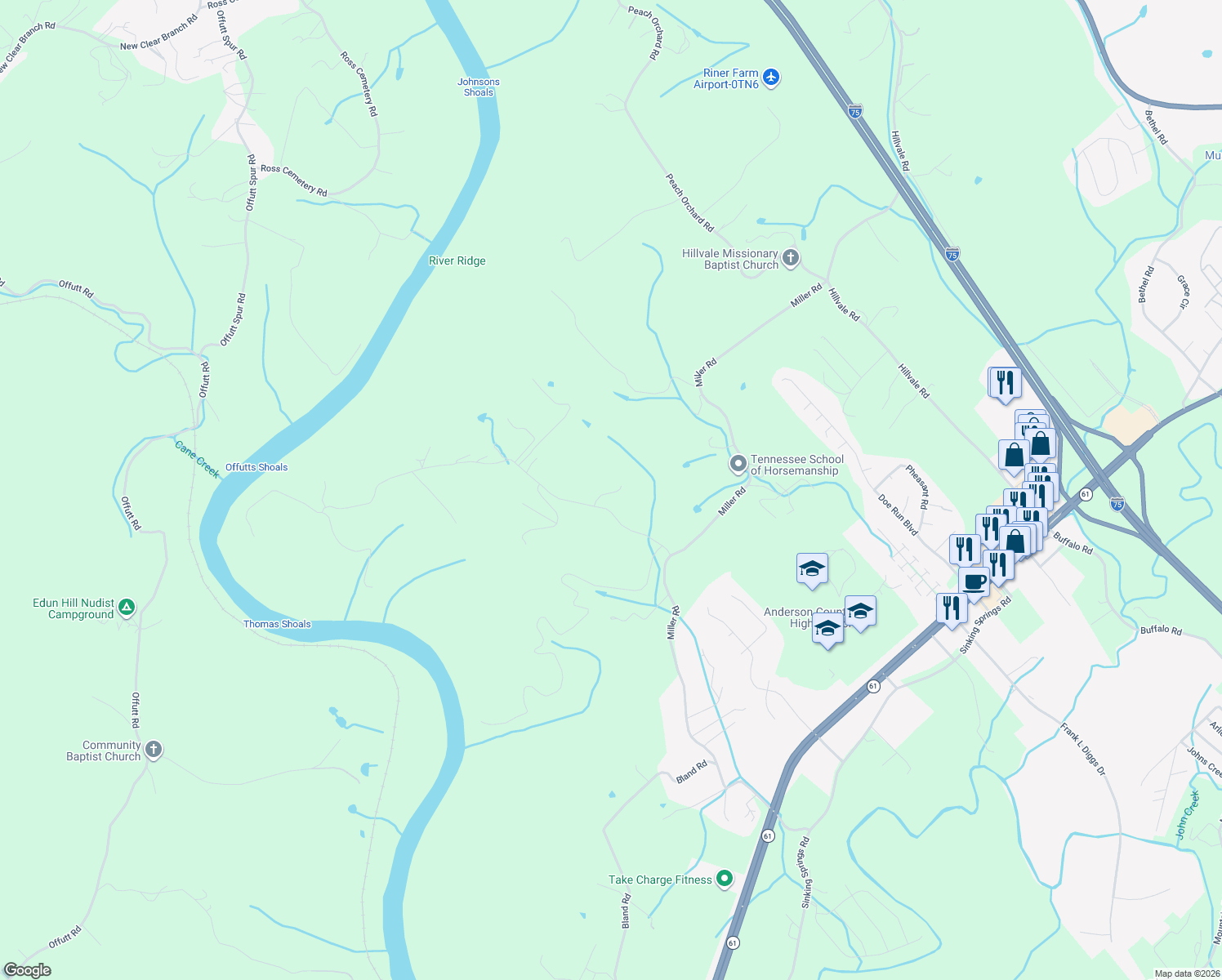 map of restaurants, bars, coffee shops, grocery stores, and more near 160 Mike Miller Lane in Clinton