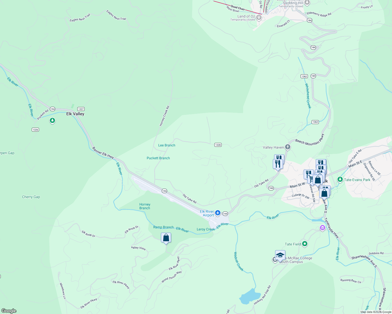 map of restaurants, bars, coffee shops, grocery stores, and more near 161 Silver Springs Drive in Banner Elk