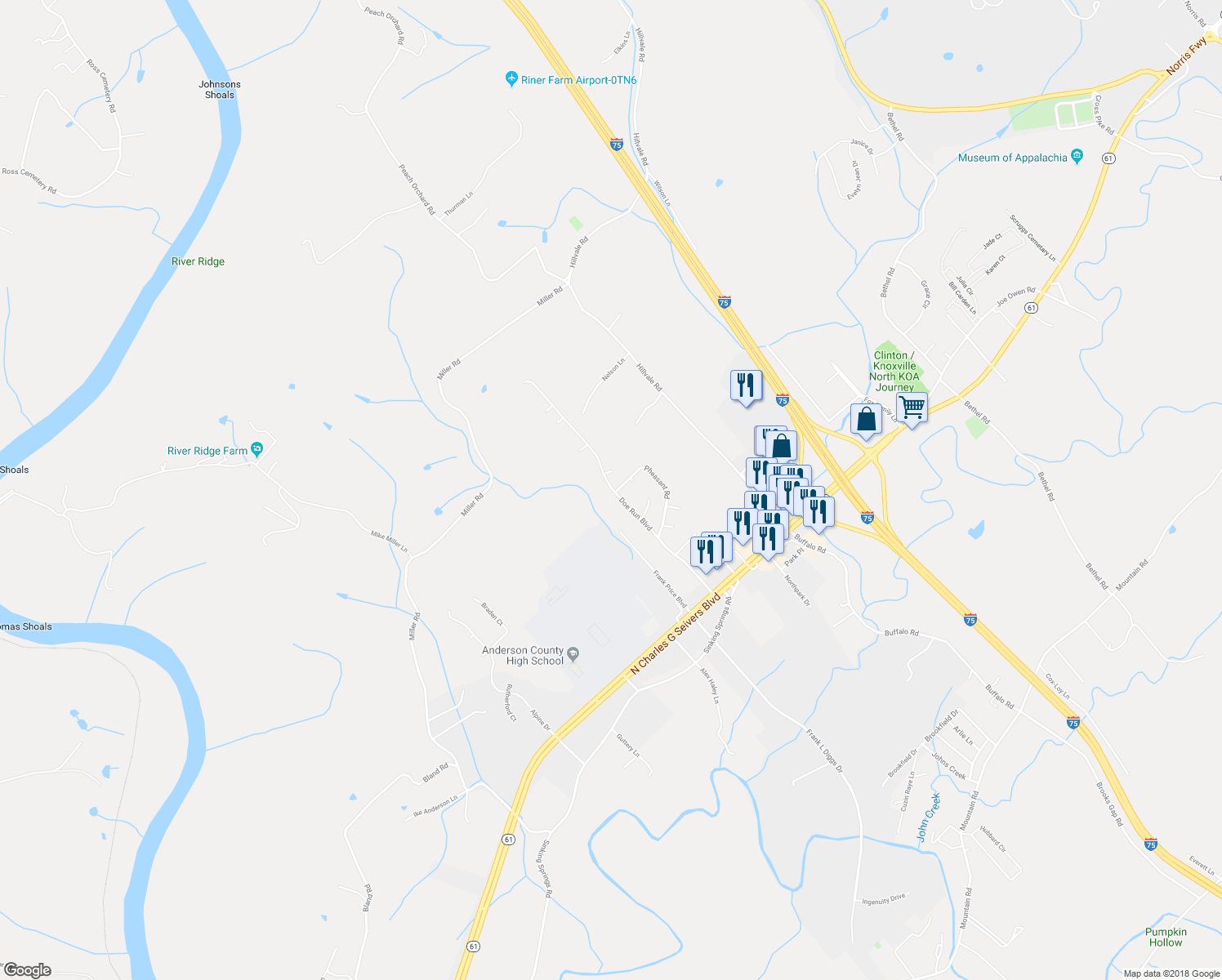 map of restaurants, bars, coffee shops, grocery stores, and more near 242 Doe Run Boulevard in Clinton