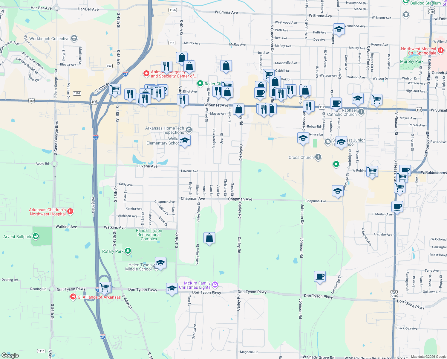 map of restaurants, bars, coffee shops, grocery stores, and more near 2106 Christine St in Springdale