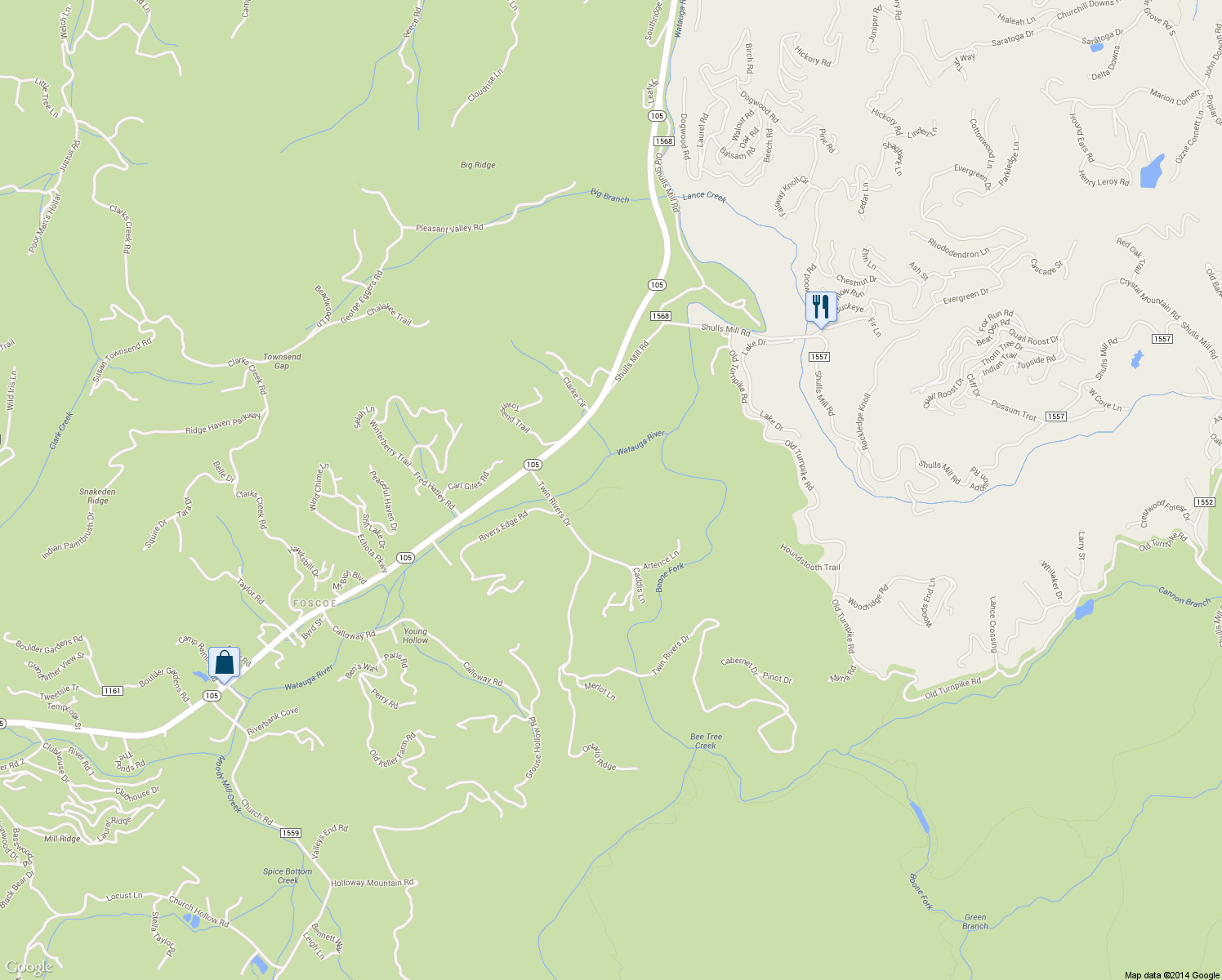 map of restaurants, bars, coffee shops, grocery stores, and more near 276 East Rivers Edge in Boone