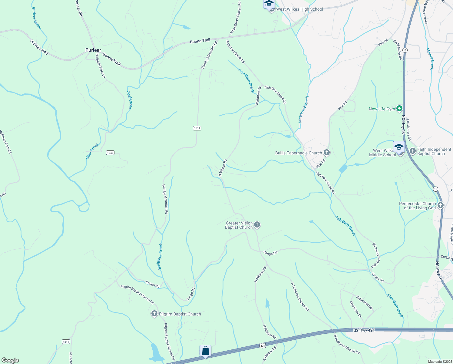 map of restaurants, bars, coffee shops, grocery stores, and more near 1542 North Minton Road in Millers Creek