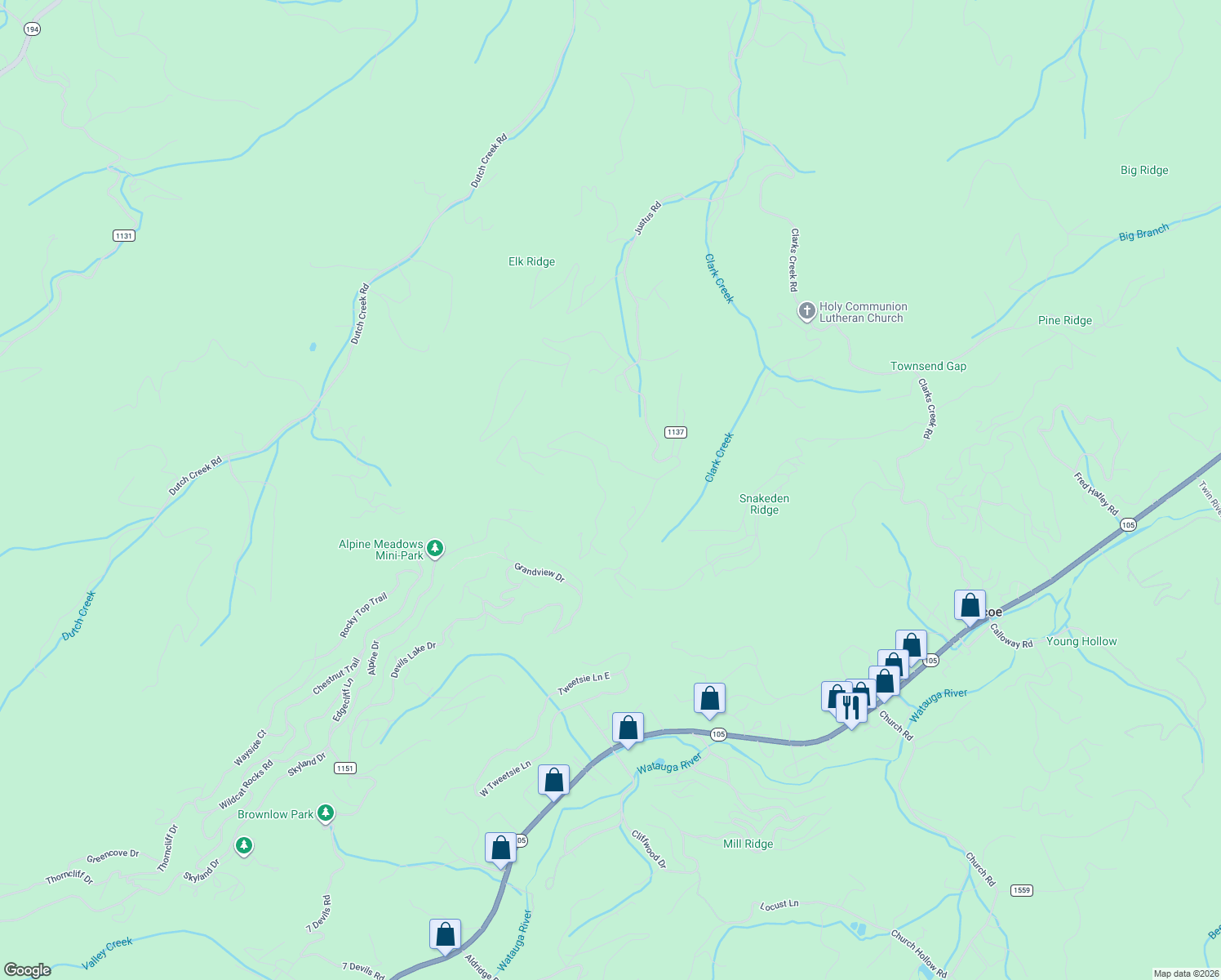 map of restaurants, bars, coffee shops, grocery stores, and more near 1237 Nettles Ridge Road in Banner Elk