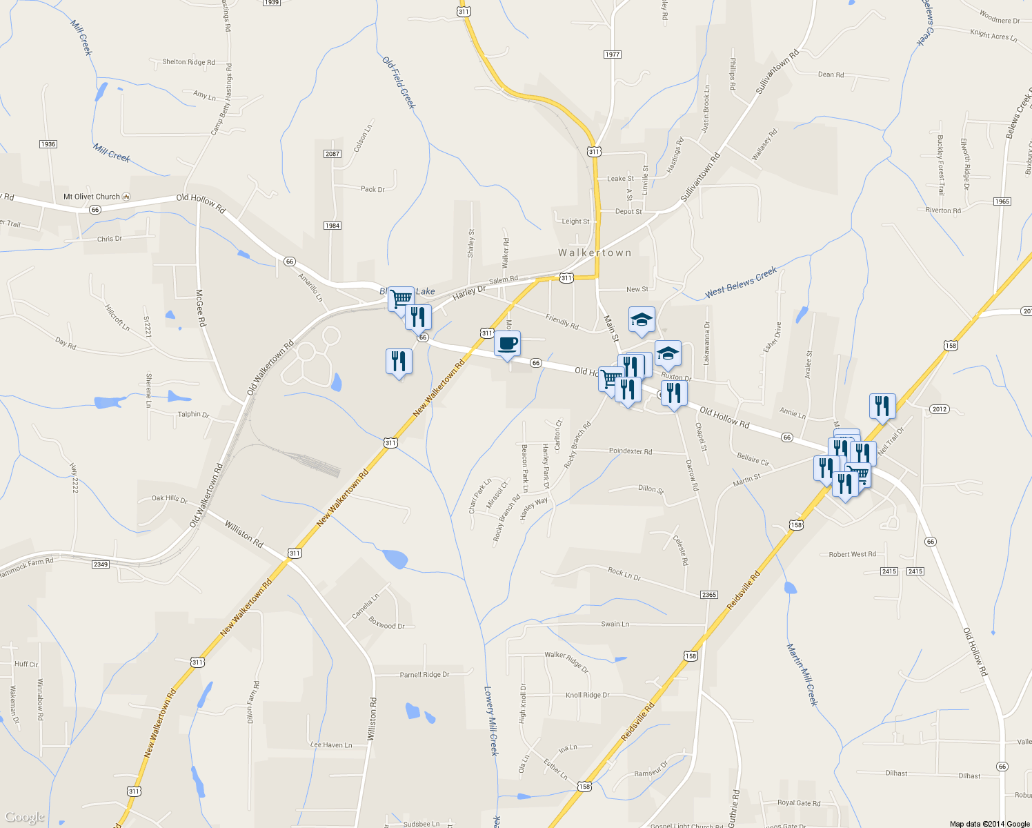 map of restaurants, bars, coffee shops, grocery stores, and more near 4780 Beacon Park Lane in Walkertown