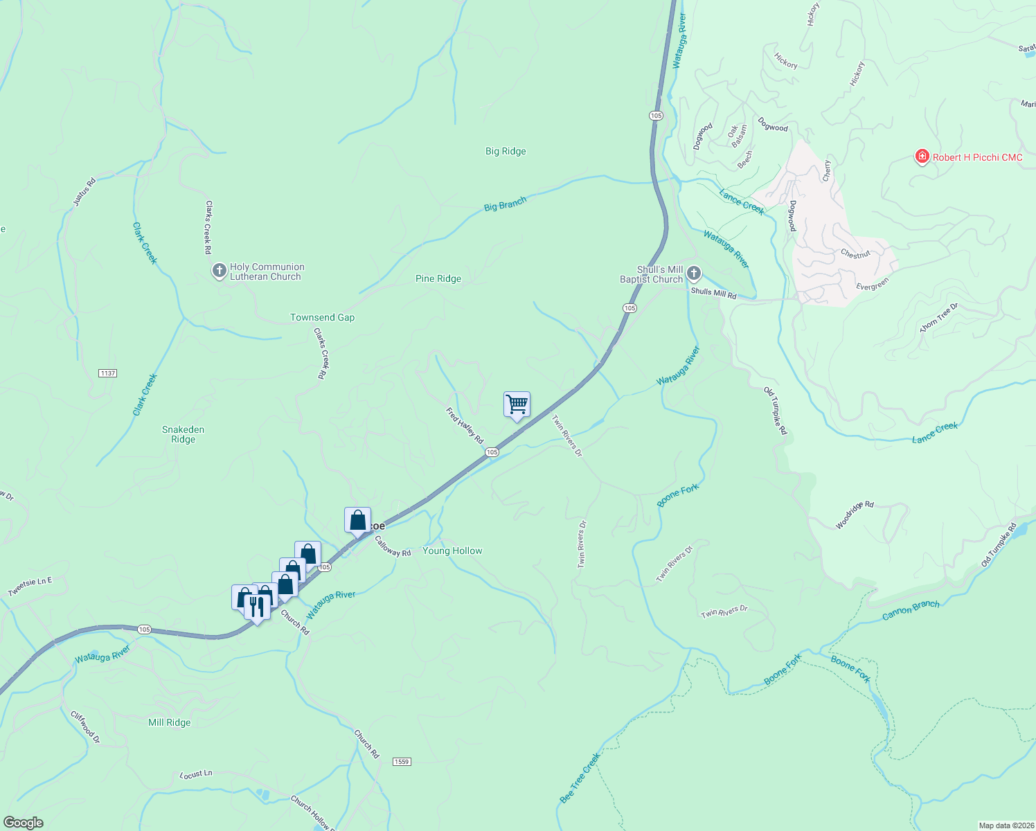 map of restaurants, bars, coffee shops, grocery stores, and more near 341 Carl Giles Road in Boone