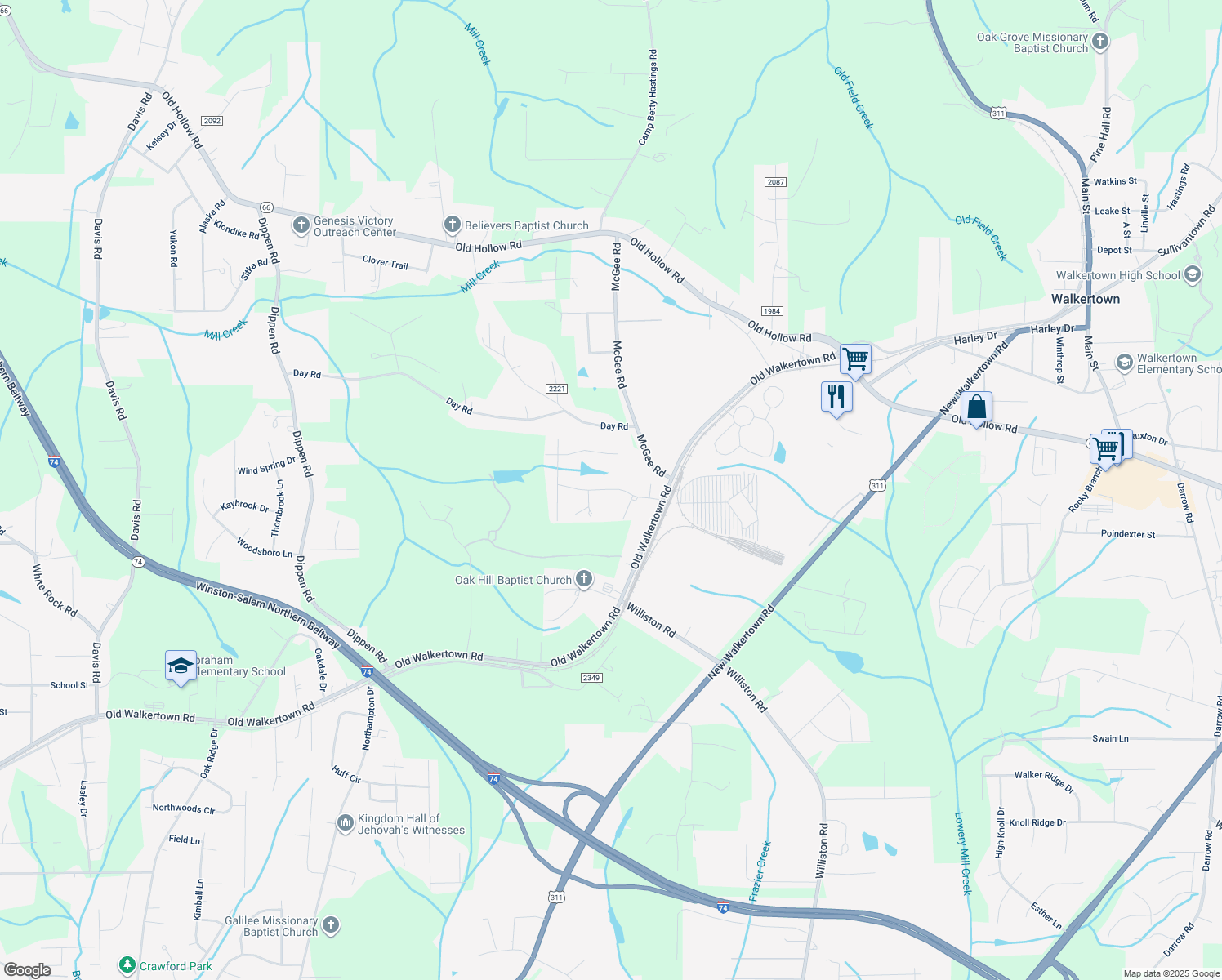 map of restaurants, bars, coffee shops, grocery stores, and more near Talphin Drive in Walkertown