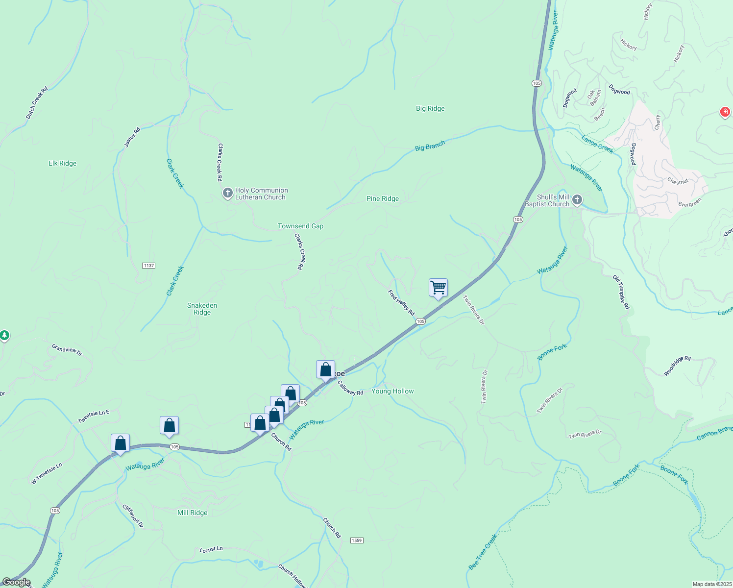 map of restaurants, bars, coffee shops, grocery stores, and more near 460 Peaceful Haven Drive in Boone