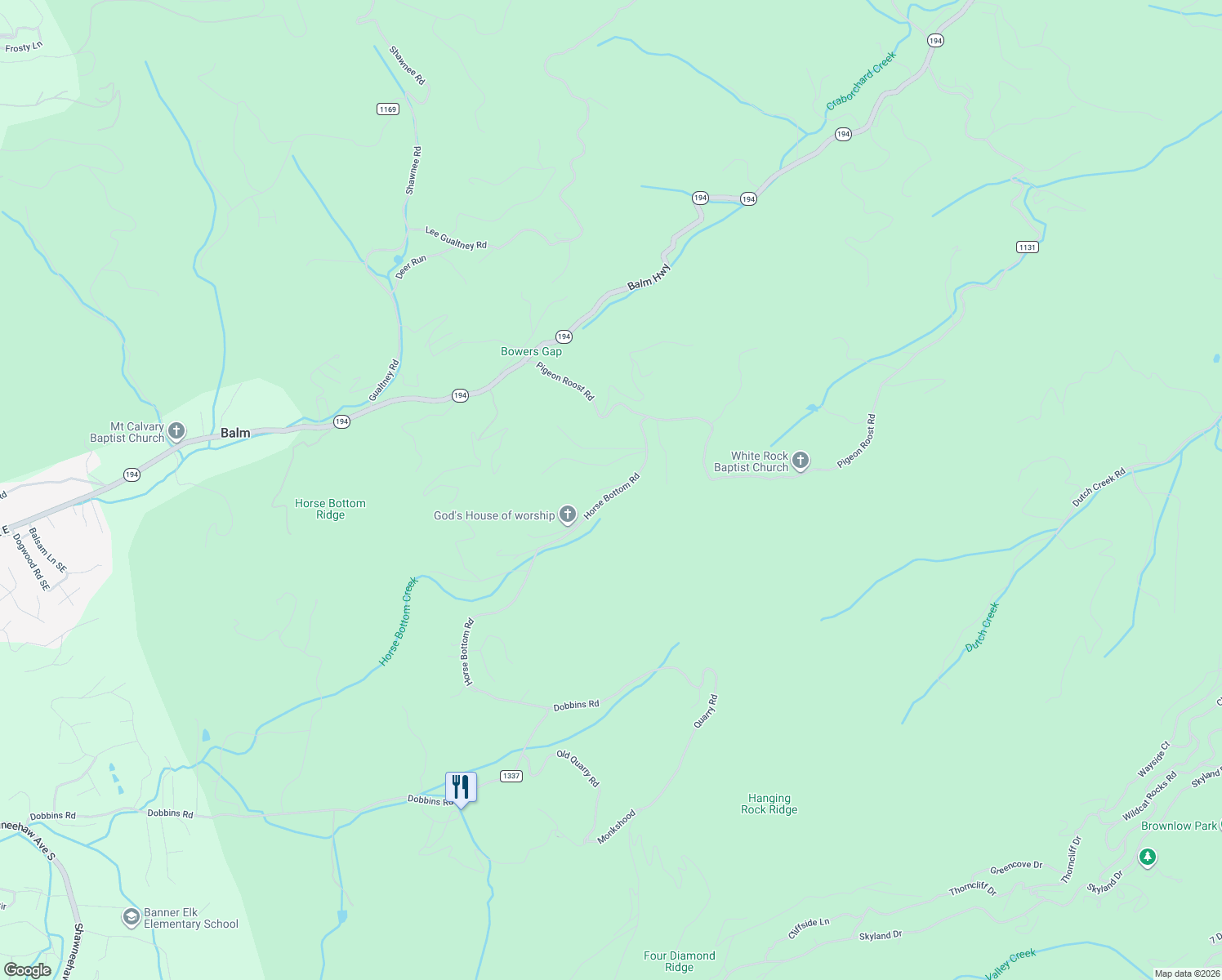 map of restaurants, bars, coffee shops, grocery stores, and more near 335 Horse Bottom Road in Banner Elk