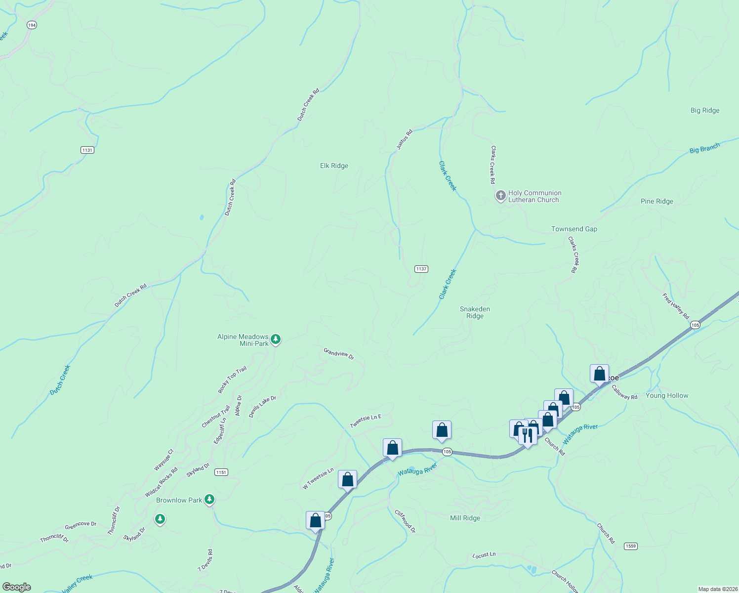 map of restaurants, bars, coffee shops, grocery stores, and more near 1121 Nettles Ridge Road in Banner Elk