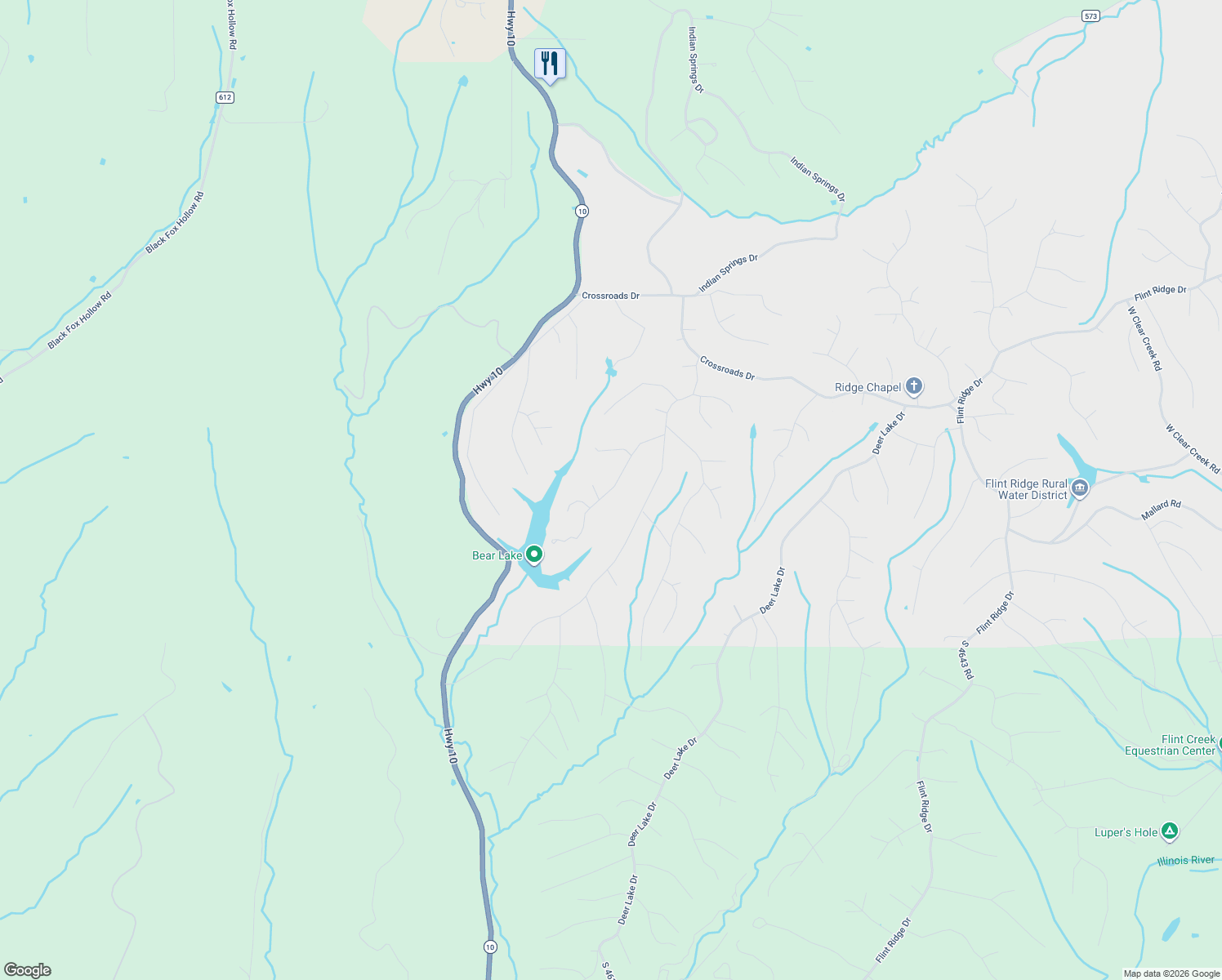 map of restaurants, bars, coffee shops, grocery stores, and more near Bear Lake Road in Flint Creek