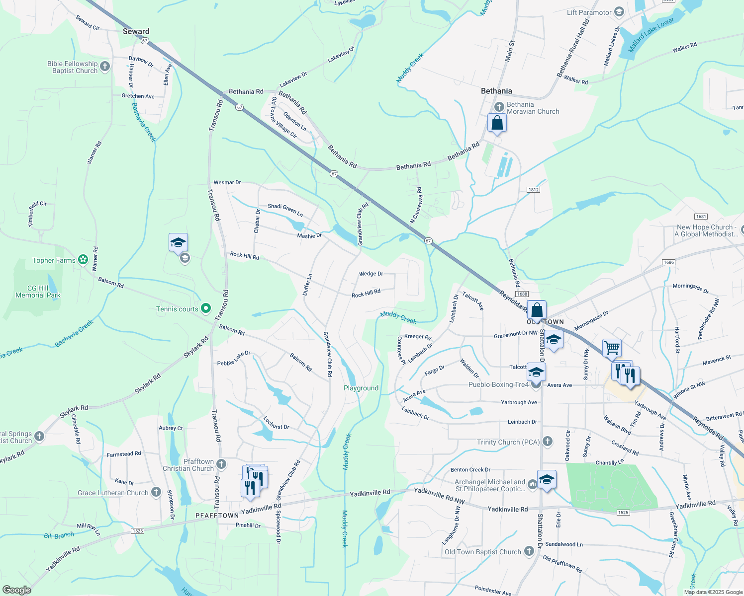 map of restaurants, bars, coffee shops, grocery stores, and more near 4136 Rock Hill Rd in Pfafftown